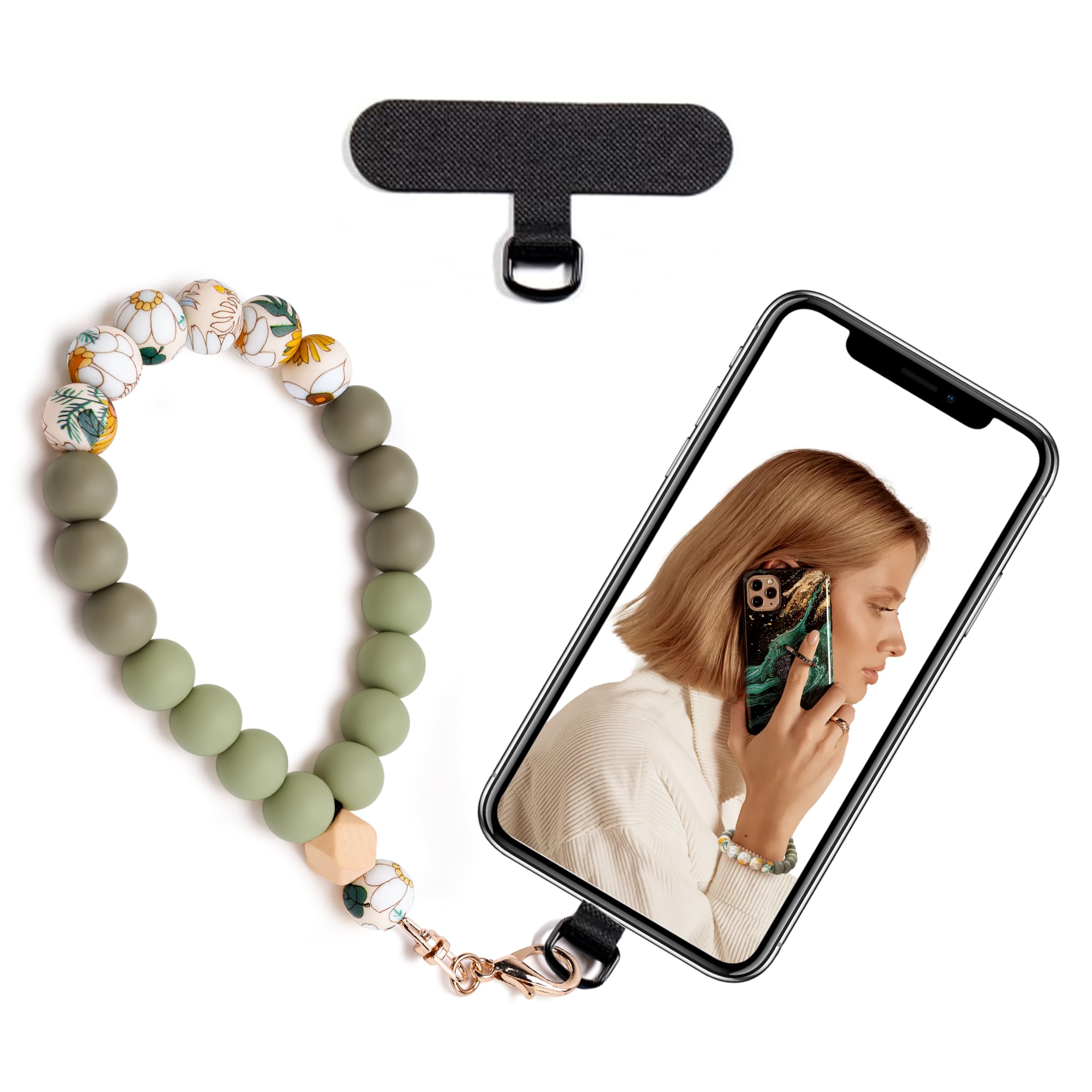 Lostars Silicone Beaded Phone Wrist Strap,phone bracelet strap with Tether Tab,Elastic Hands-Free wristlet strap (Light Green)