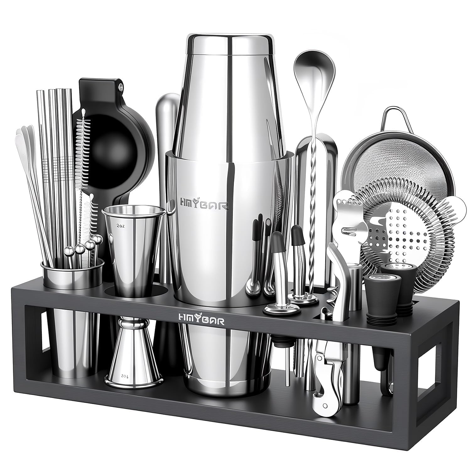 Bartender Kit with Black Bamboo Stand, 31-Piece Cocktail Shaker Set, 20/28 oz Boston Shak…