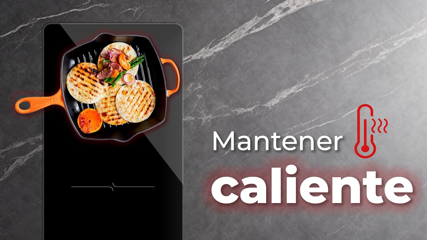 EVVO V31 Induction Cooktop with a pan on it, and text 'Mantener caliente' (Keep warm) with a thermometer icon.