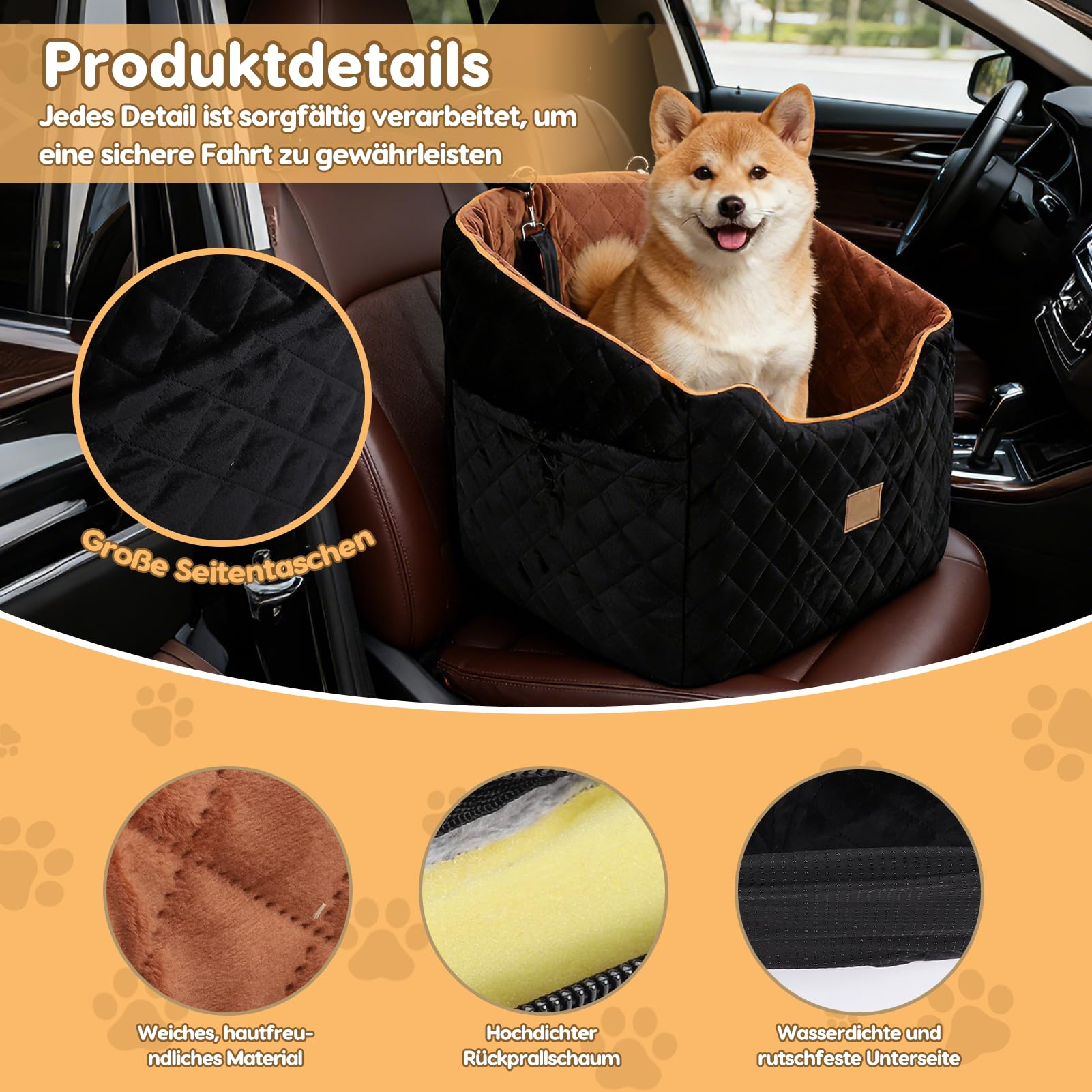 Asiento de coche para perros – Asiento para perros extraíble y lavable con base antideslizante y bolsillos laterales para coche, viajes de camping, para perros pequeños/medianos de hasta 35 libras L