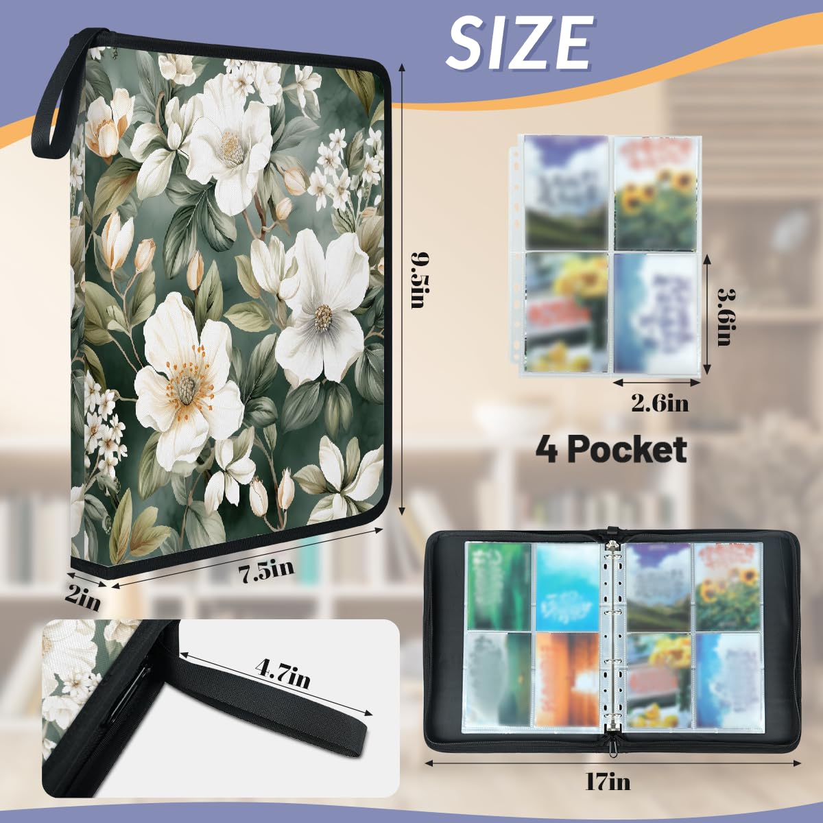 Carpeta de tarjetas coleccionables con 4 bolsillos, hojas de flores blancas pintadas, álbum de tarjetas con fundas extraíbles, libro de tarjetas impermeable con cremallera, capacidad para 50 páginas y
