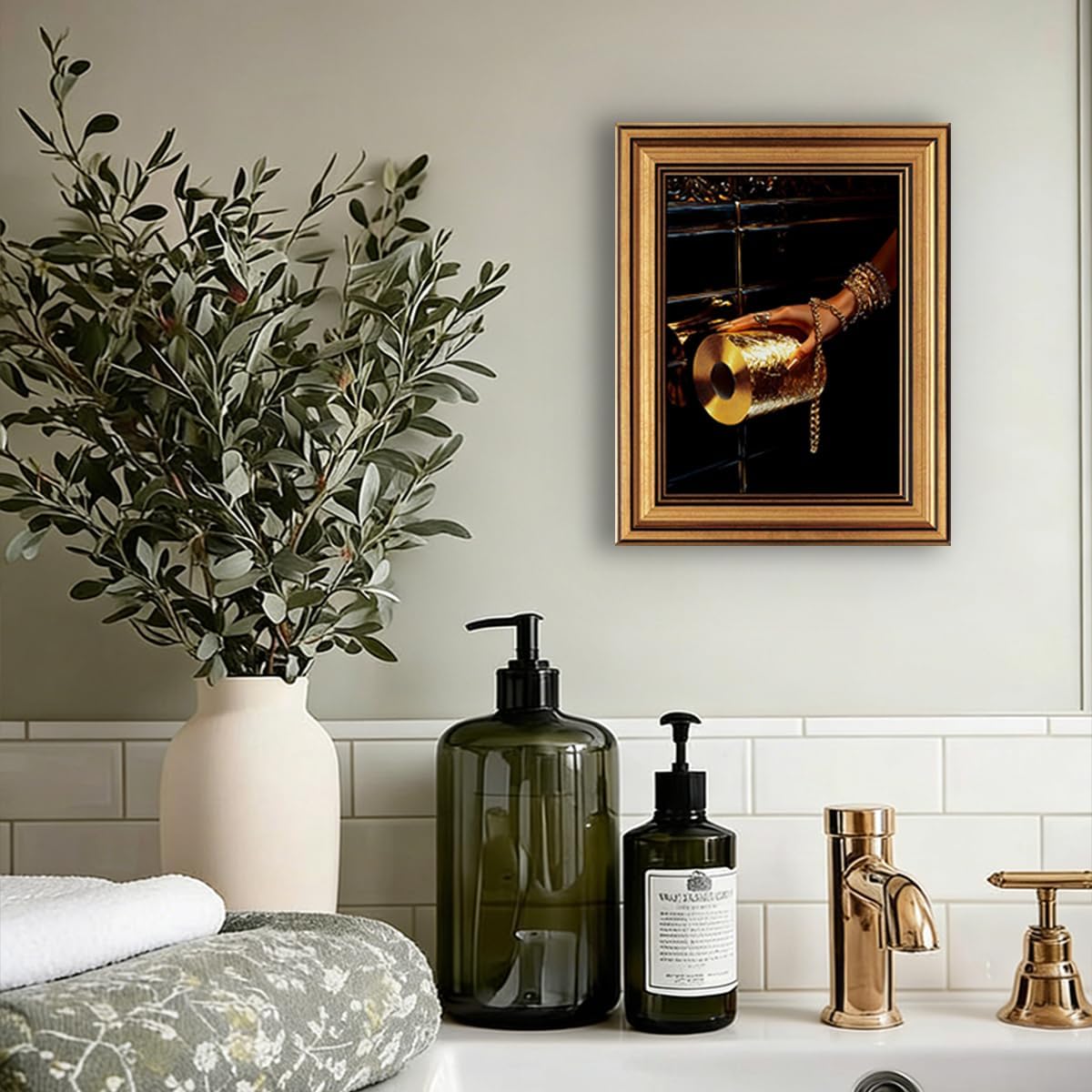 Trendy Black and Gold Bathroom Wall Art Black Woman Gold Framed Picture Decor Chic Tissue Bathroom Decor for glam Modern Toilet & Powder Room 16x24in