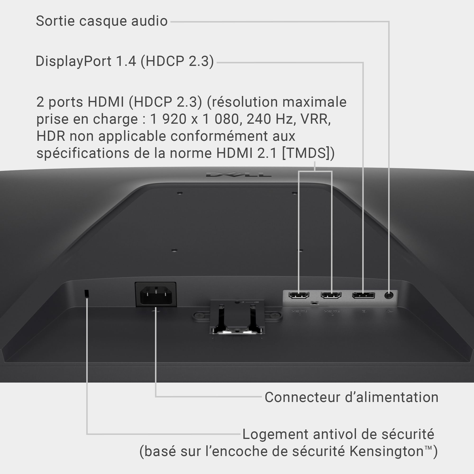 Dell 24 Écran PC Gaming - SE2426HG, Full HD (1920x1080), 240Hz, Fast IPS, 0.5ms, AMD FreeSync Premium, 99% sRGB, HDR10, VESA (100x100mm), DisplayPort, 2 HDMI, Garantie 3 Ans, Noir
