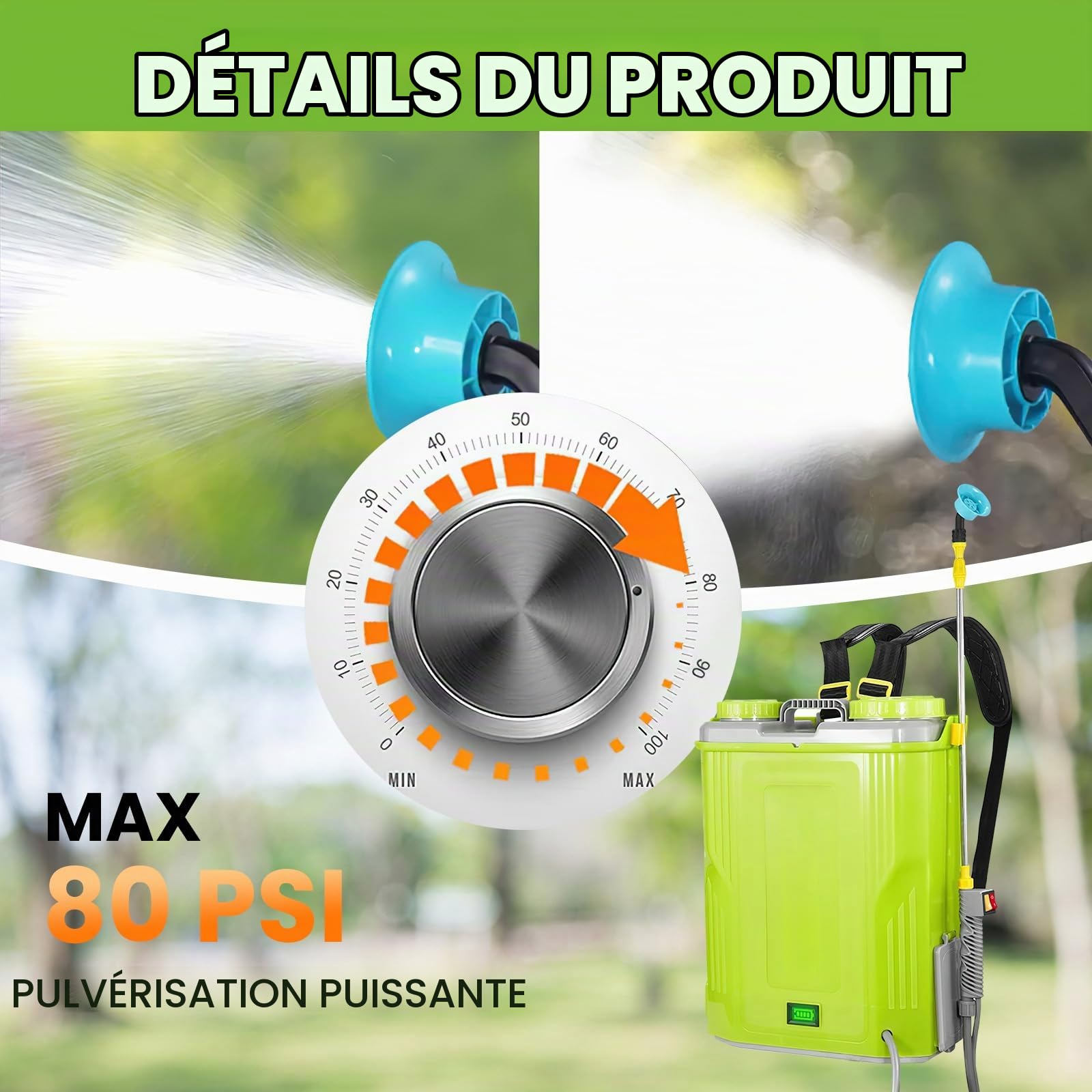 Pulverisateur Electrique 20L,5.5 Bars Pulverisateur Jardin,21V Batteries,5 Buses Pulverisateur a Pression,Force Pulverisation Reglable,Lance Télescopique pour Traitement Cultures,Plantes (2 Batterie)