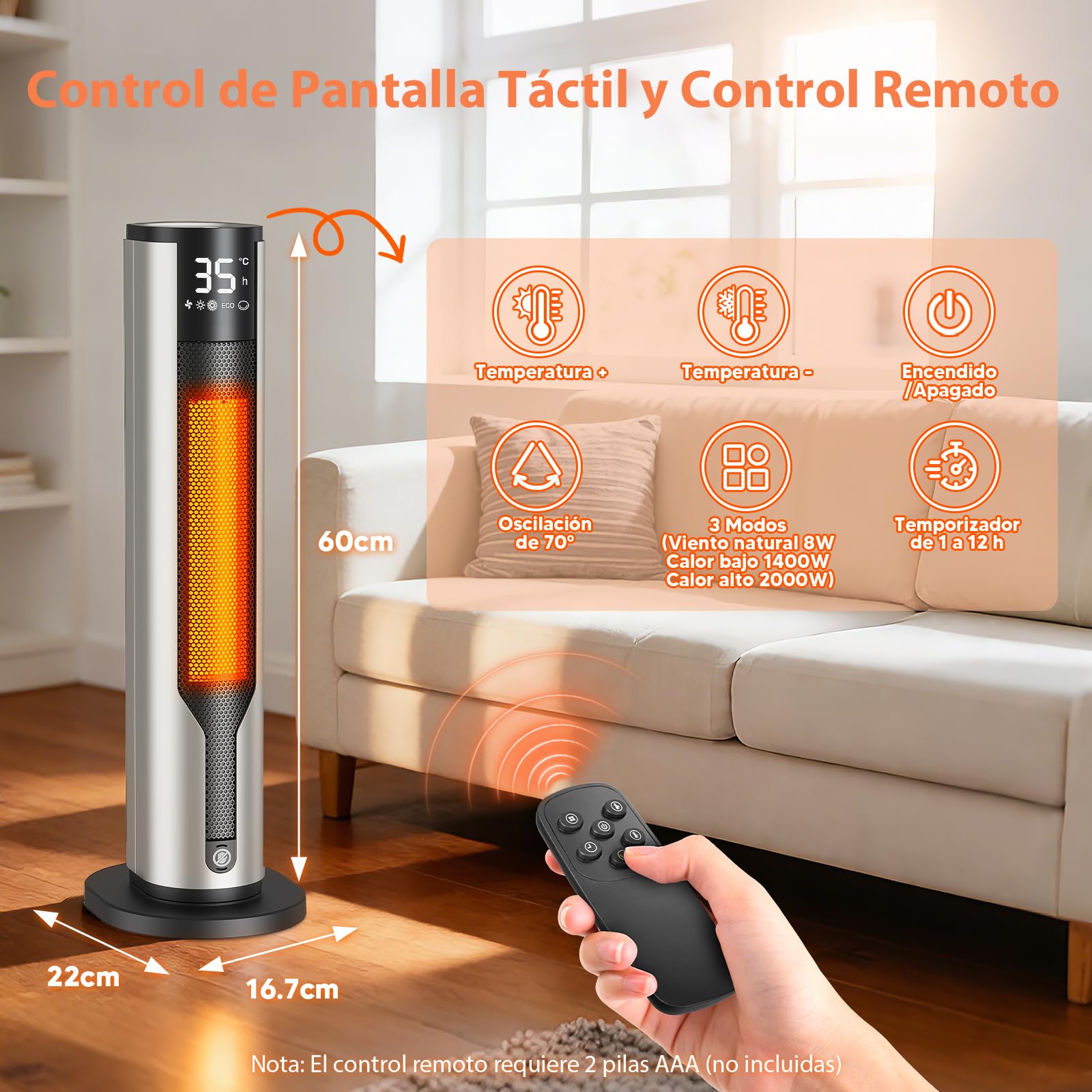 Calefactor Bajo Consumo 2000W, Calefactor Baño Portátil, Estufa Eléctrica Oscilante 70°, Calefactor Ceramico PTC con Mando de Distancia, 3 Modos, Temporizador 12h, Doble Protección de Seguridad