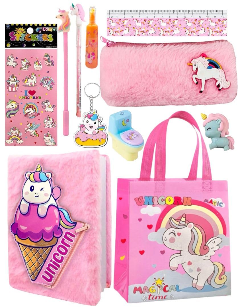 TOOYEP Unicorn (Pack Of 11 Pcs) Combo Set I Cute Unique Fur Diary With Attached Zipper Case, Fur Pouch And School Fancy Stationary Best Return Gifts For Kids (B0D1KZXDX3) Amazon Price History, Amazon Price Tracker