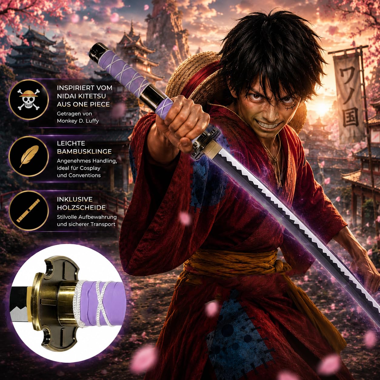 One Piece - Katana aus Holz mit Scheide, Samurai Schwerter, Holzschwert, Zoro Schwert, Bambusklinge, One Piece Katana, Animefans, Anime, Cosplays, Spielzeug für Kinder