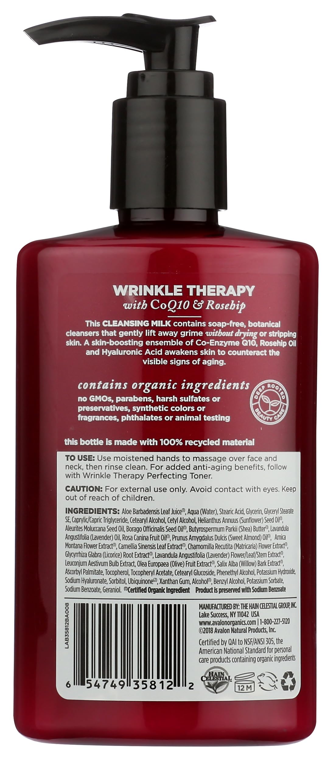 Avalon Organics Temizleyici Süt, Kırışıklık Tedavisi, CoQ10 ve Kuşburnu, 8,5 Oz