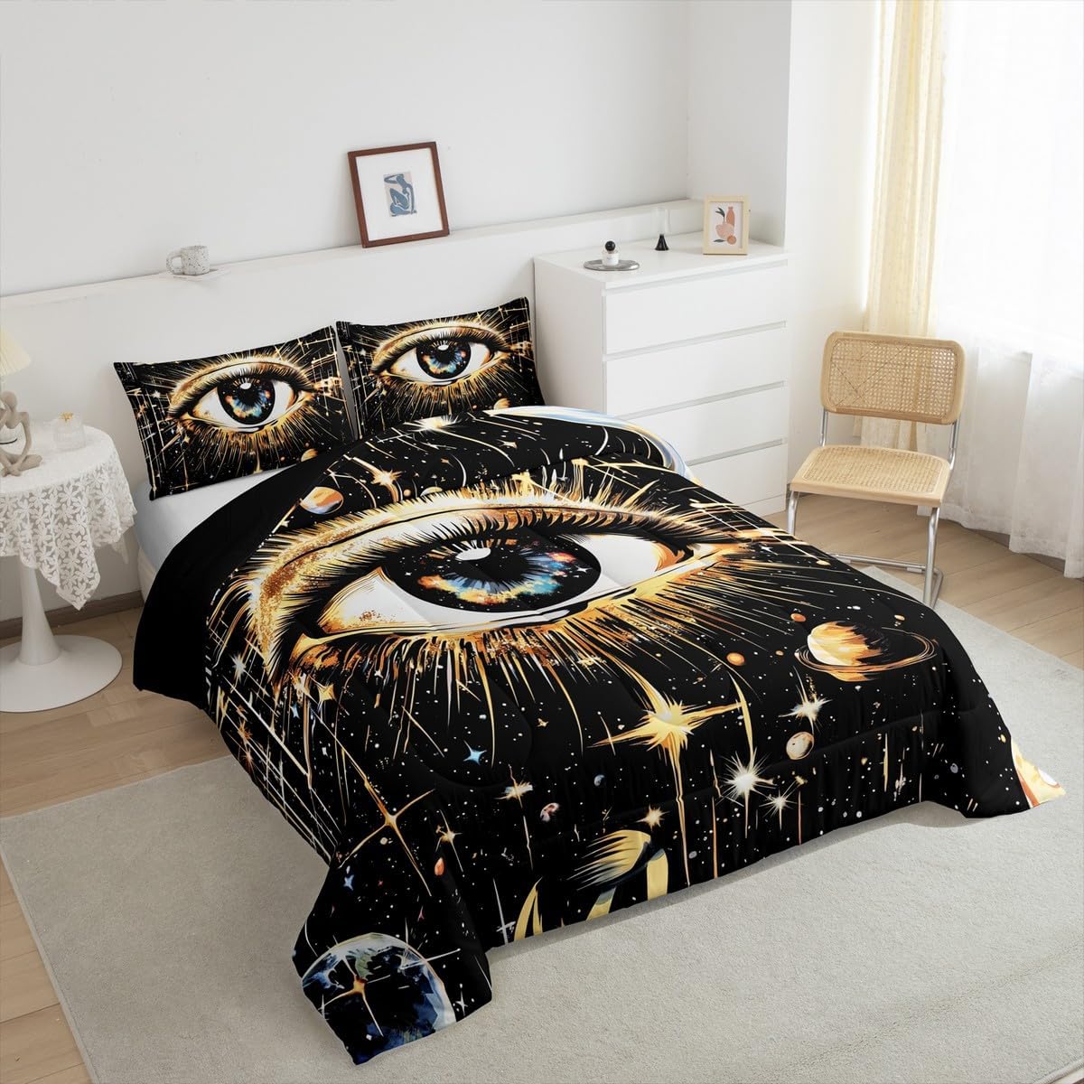 Feelyou Galaxy Evil Eye Comforter Set,Sun Moon and Star Print Bedding Set Queen Size,Boys Girls Bedroom Room Decor,Boho Eye Comforter,Soft Bed Set for All Season