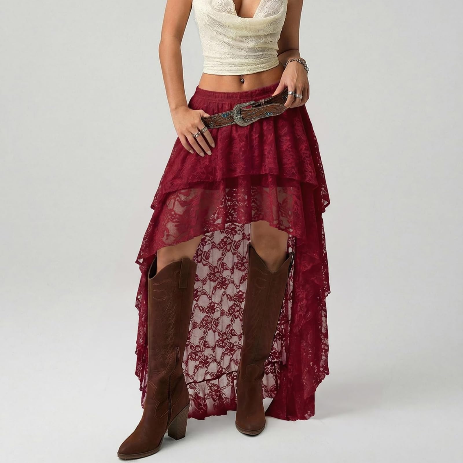 Générique Jupe Longue à Volants en Dentelle et Tulle superposés pour Femme, Coupe trapèze, Style bohème, Ourlet Tendance, idéale pour Les Sorties. (Burgundy,Grand)