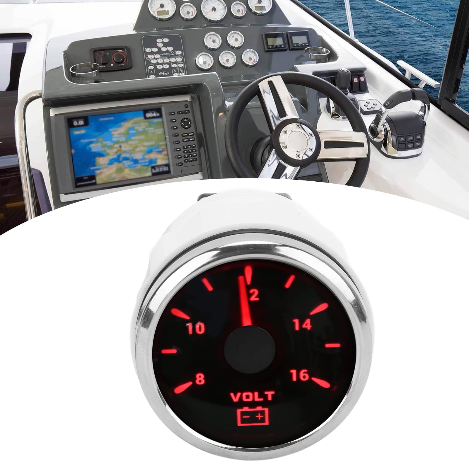 Voltmètre de Bateau, Jauge de Tension Marine 52mm 8-16V Pointeur 7 Couleurs Rétro-éclairage IP67 Voltmètre étanche pour Bateau RV Voiture 9-32V(le noir)