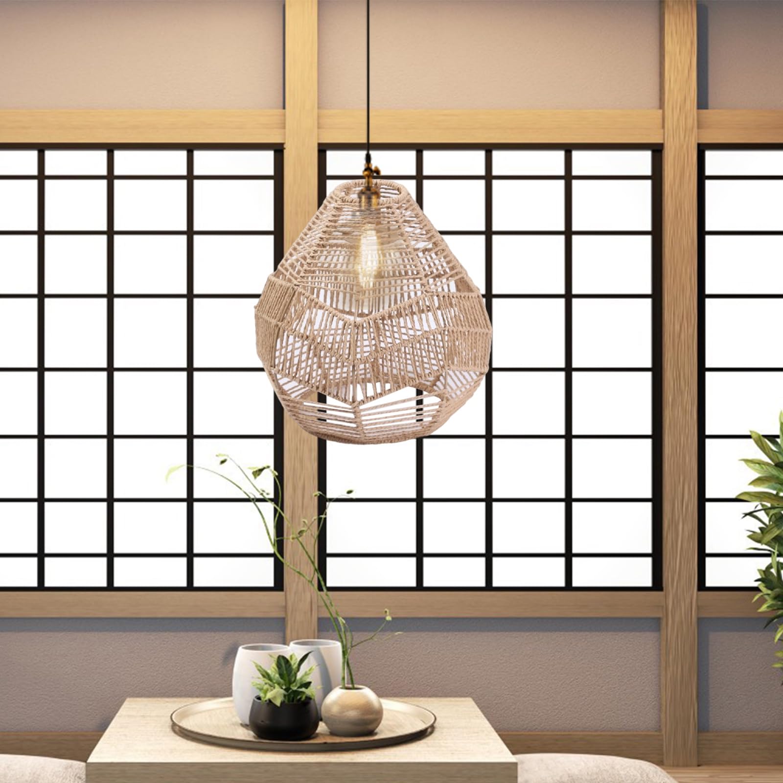 Baoblaze Rattan Lampenschirm Hängend, Korb Lampenschirm für Hängelampe, Boho Lampe Pendelleuchte, Rattan Bambus Hängeleuchte Esstischlampe für Schlafzimmer Flur Küche Esstisch