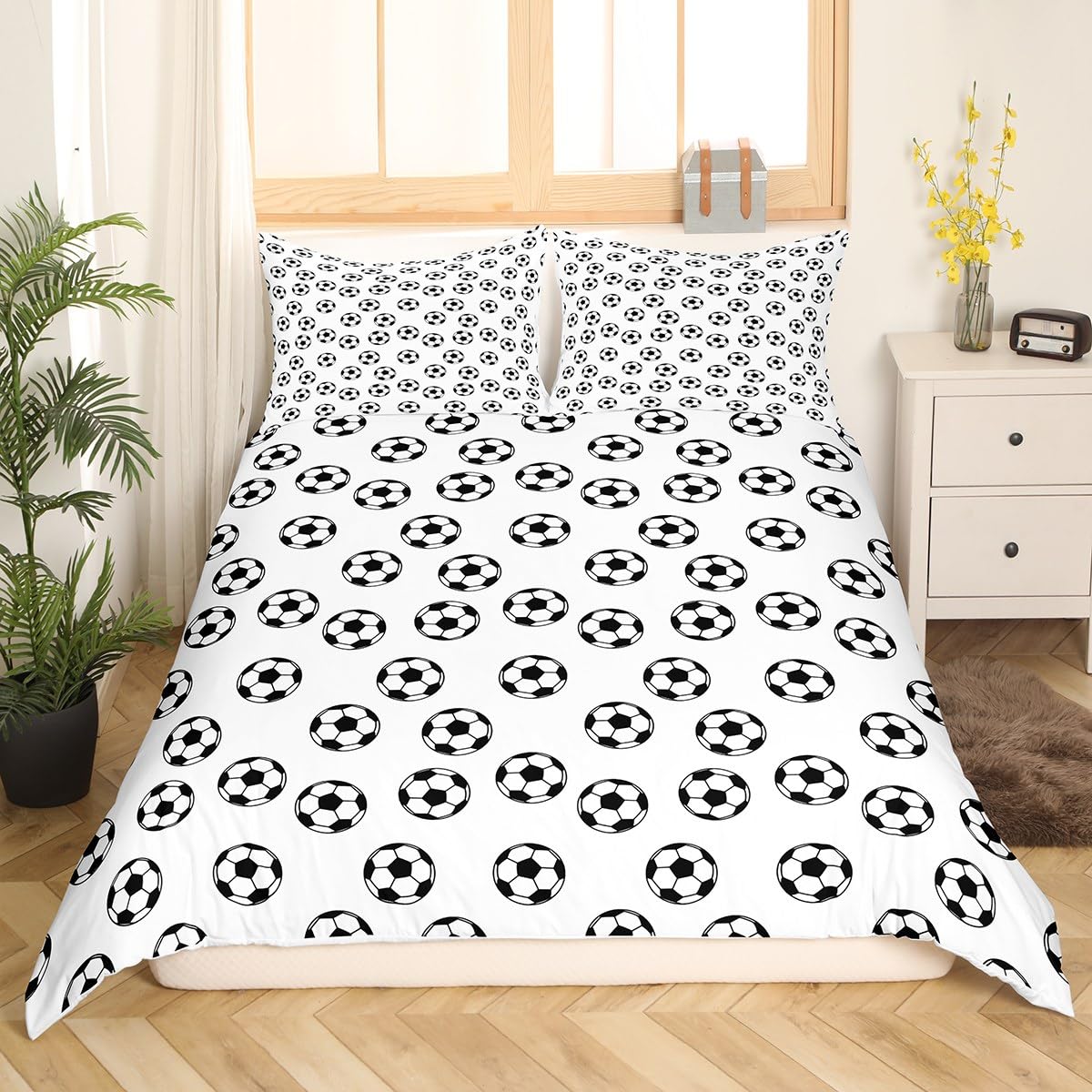Manfei Soccer Theme Bedding Sets Single Size,Cartoon Soccer Print Duvet Cover Set 2Pcs for Kids Girls Boys Adult Room Decor,Sports Style Comforter Cover Playful Quilt Cover,1 Pillowcase โ image 1