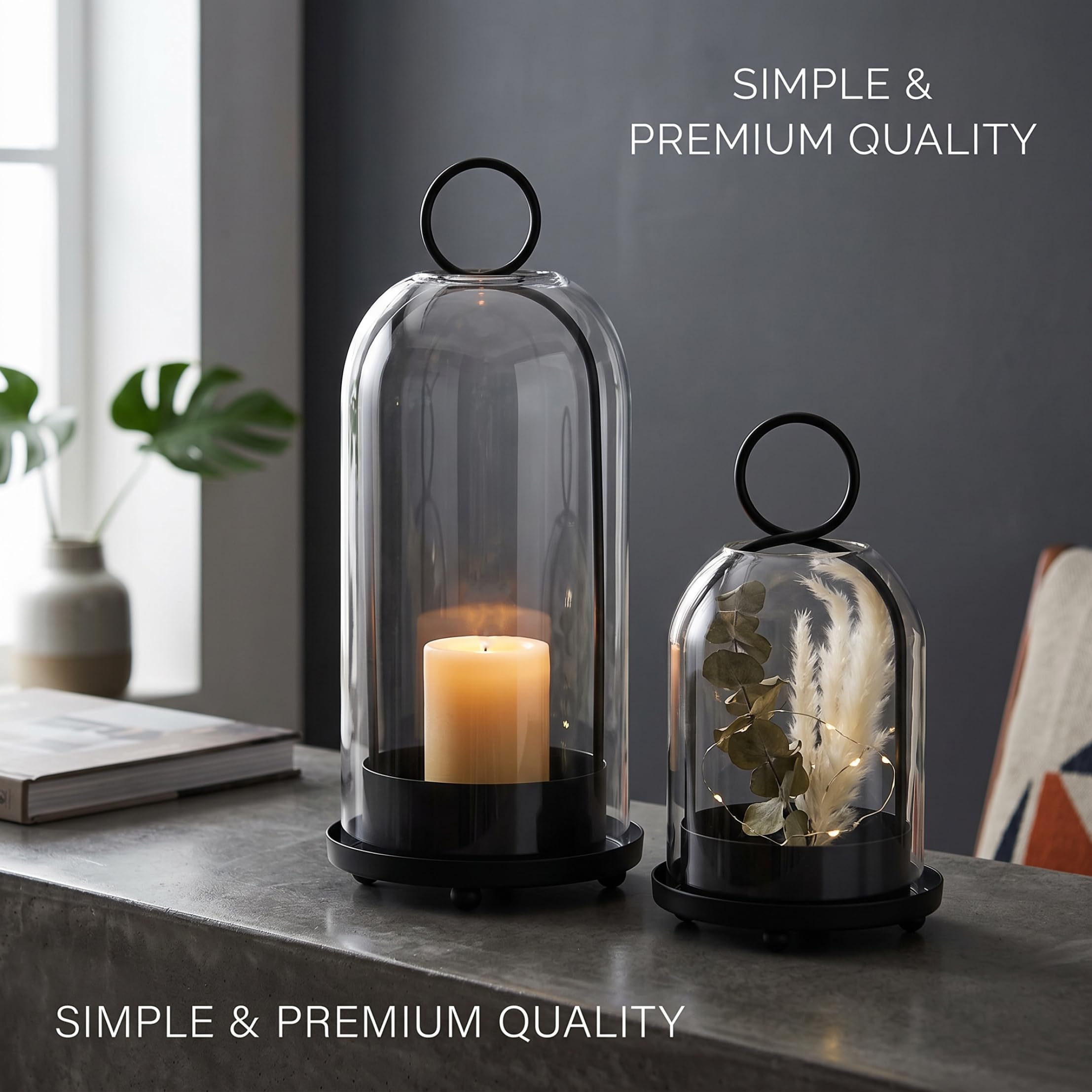 Juego de 2 portavelas de Cristal Hurricane para Velas de Pilar, de Mesa o Colgantes, Metal Negro y Cristal Transparente