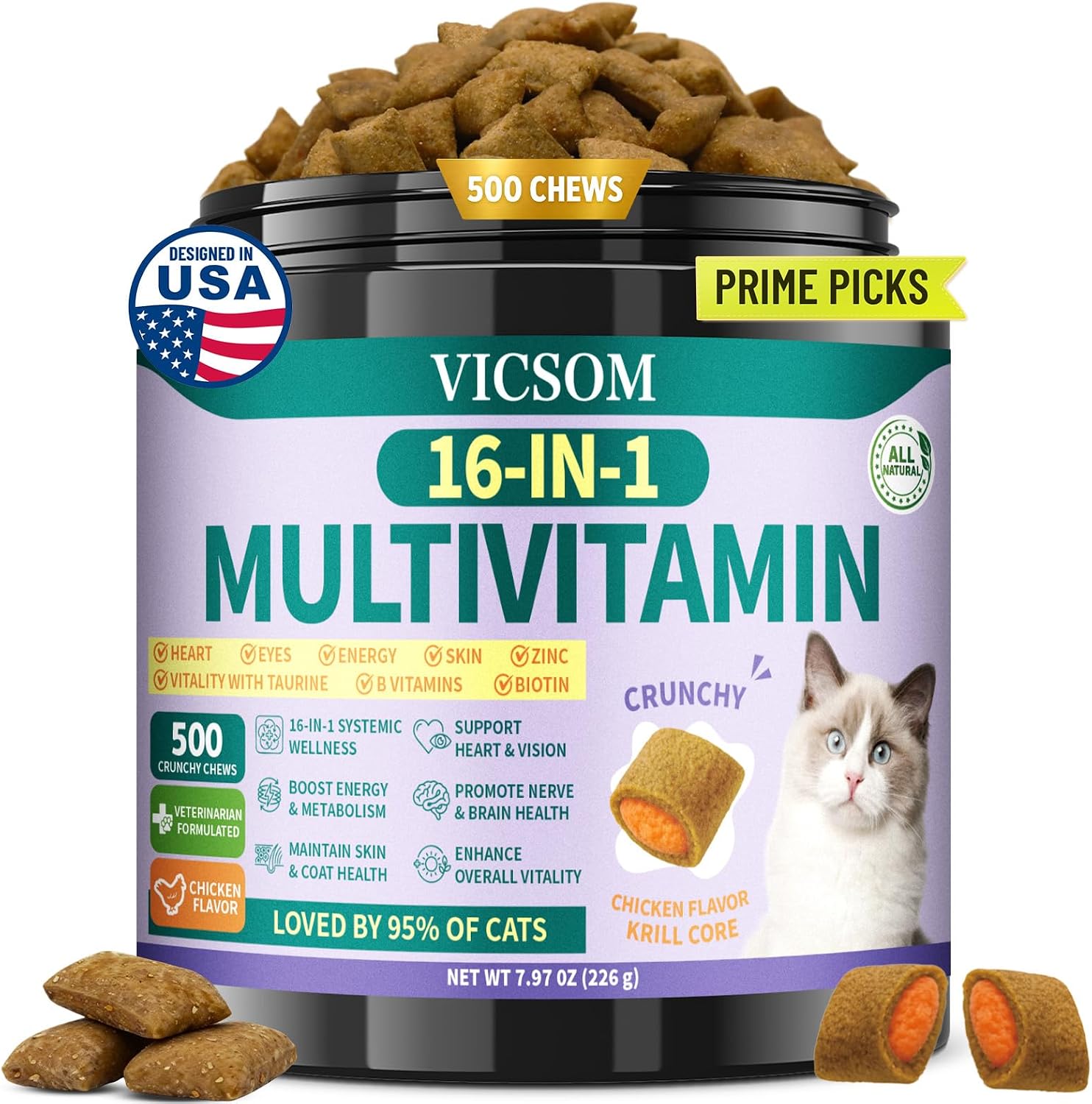 Taurine for Cats Vitamins Treats, 16 in 1 Cat Multivitamin 500 Crunchy & Krill Chews Support Immune, Joint, Digestion, Skin & Coat, Cat Vitamins Taurine Supplements for Daily Healthy 90-Day Supply