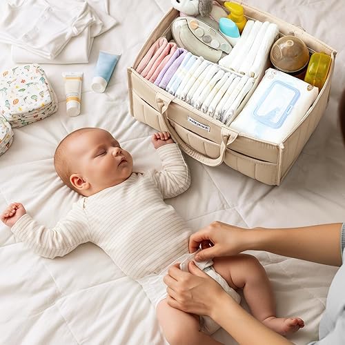 Miniatura 6 de Organizador de pañales para bebé, elegante cesta para artículos esenciales para recién nacidos, contenedor de almacenamiento de guardería y