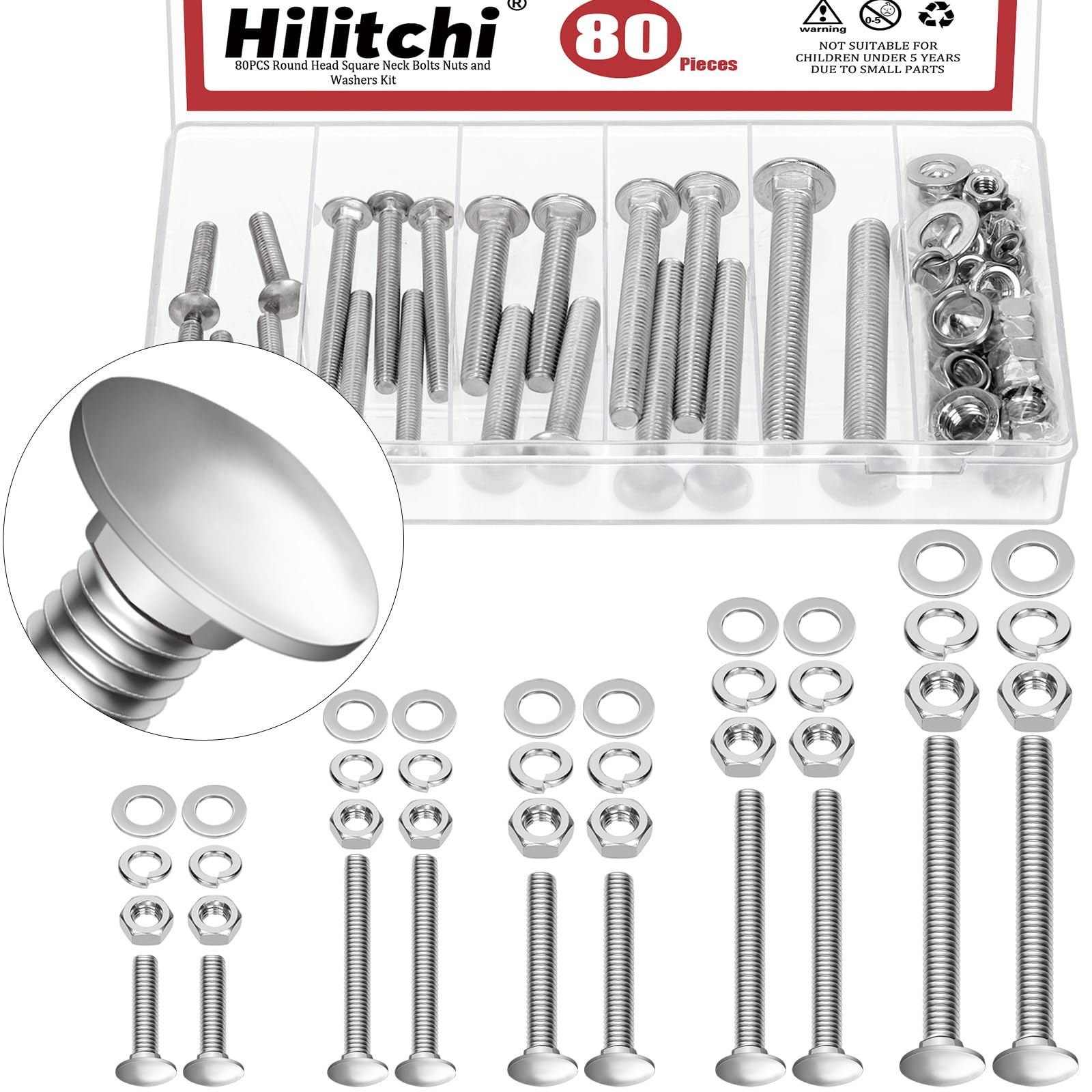 Hilitchi 80PCS 5Sizes M6 M8 M10 Carriage Bolts Screws Square Neck Carriage Bolts Screws with Nuts and Washers Full Thread Carriage Bolt for Machinery Industry(304 Stainless Steel)