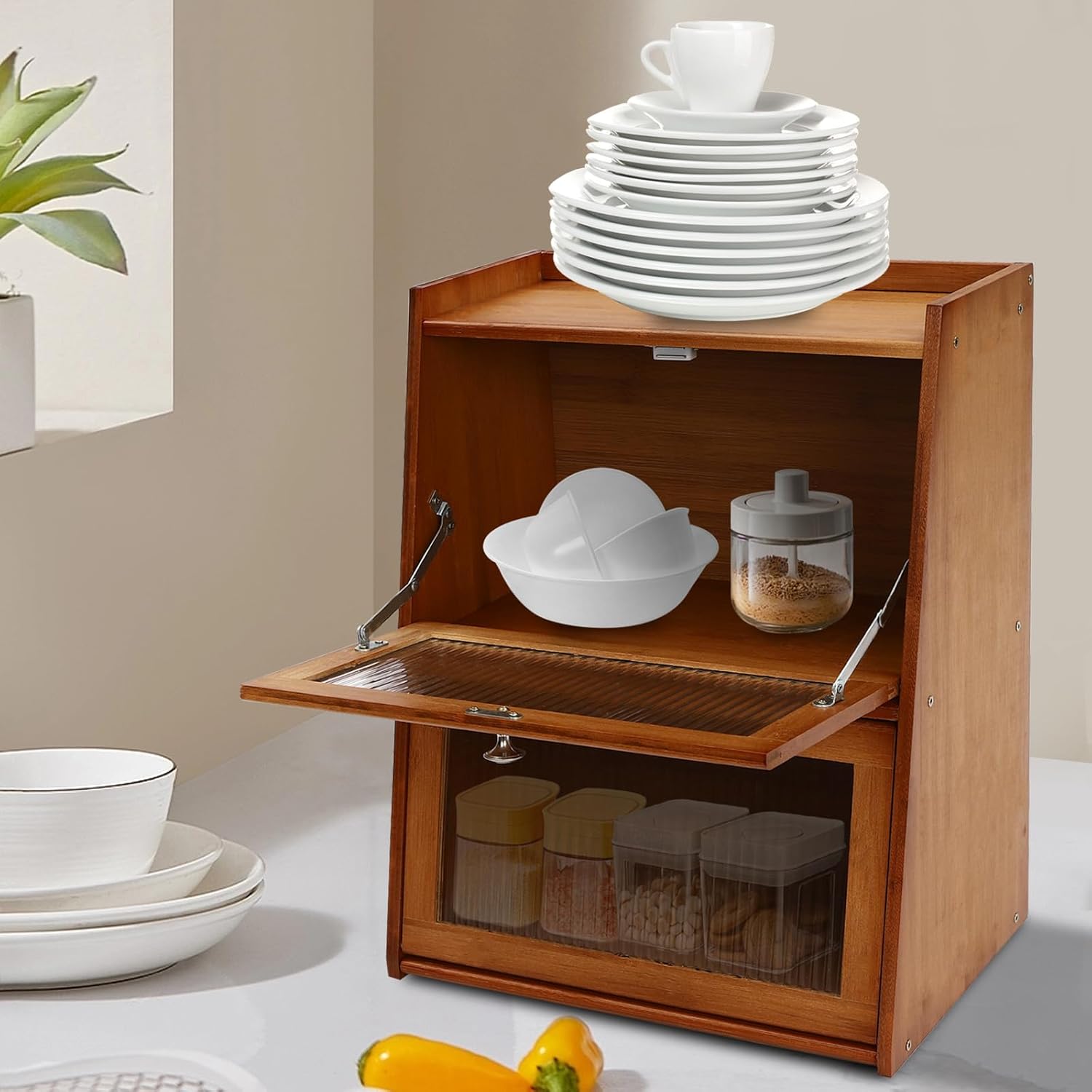 3-Tier Storage Cabinet with Doors, 40x28x50cm Bamboo Organizer for Kitchen Bathroom Bedroom, Modern Tabletop Cabinet (Dark Brown)