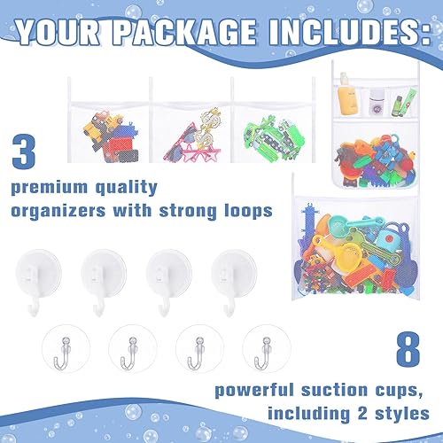 Miniatura 6 de Wowangce Organizador de juguetes de baño de malla de 3 piezas para bañera con 8 ganchos ultra fuertes para colgar de malla para tina de juguetes,