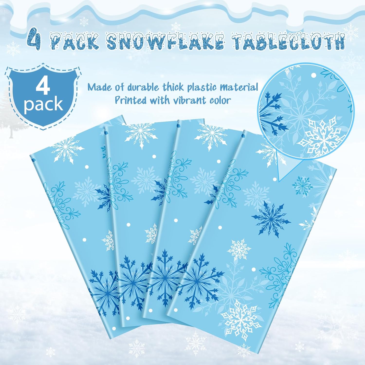 4Pcs Snowflake Tablecloth Christmas Snowflake Disposable Plastic Table Cloth Winter Wonderland Table Cover for Winter Holiday Birthday Baby Shower Christmas Party Decoration,54 x 108 Inch