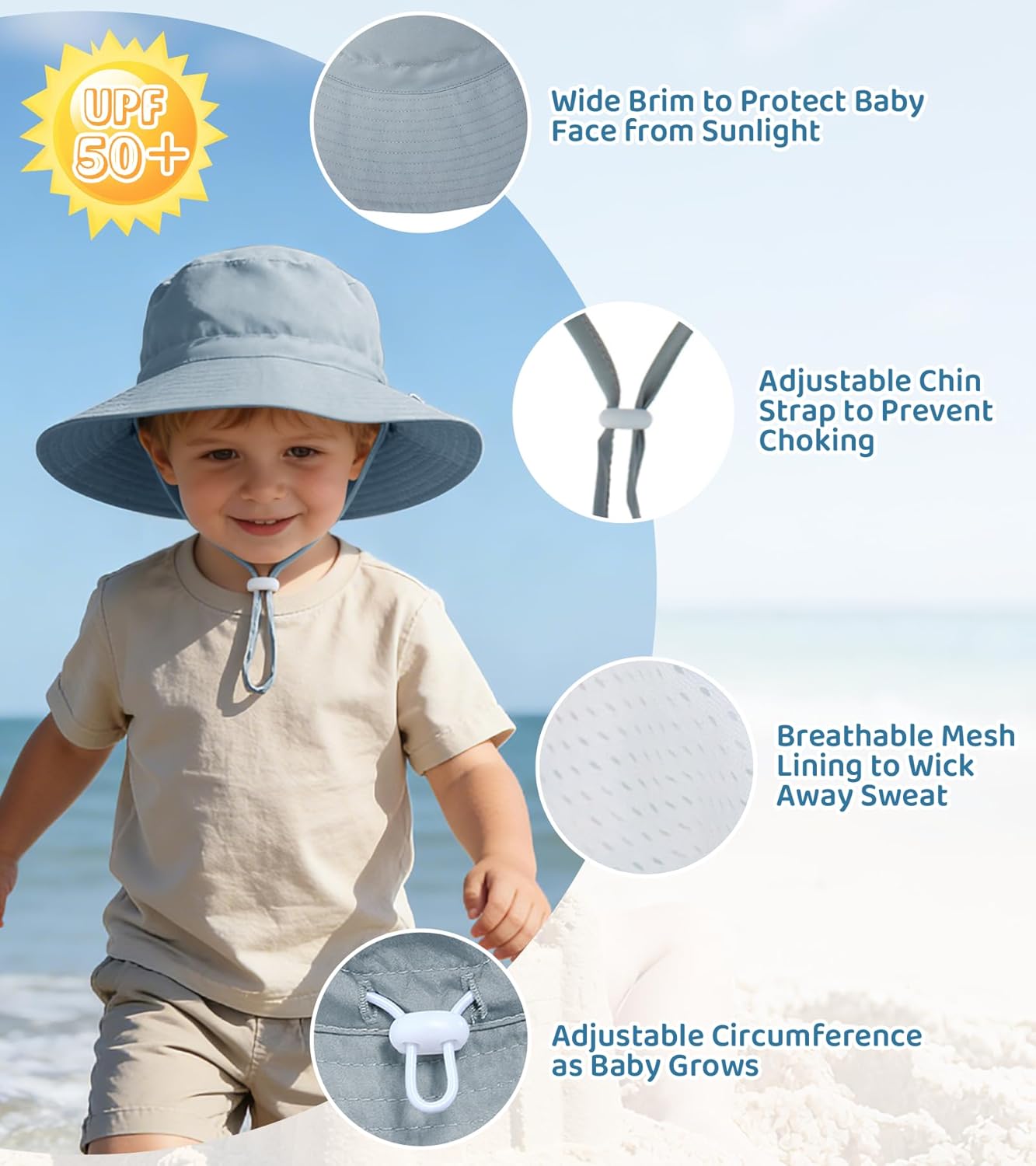 American Trends Baby Sun Hats for Boys Girls UPF 50+ Sun Protection Wide Brim Adjustable Summer Beach Bucket Hat - Image 2