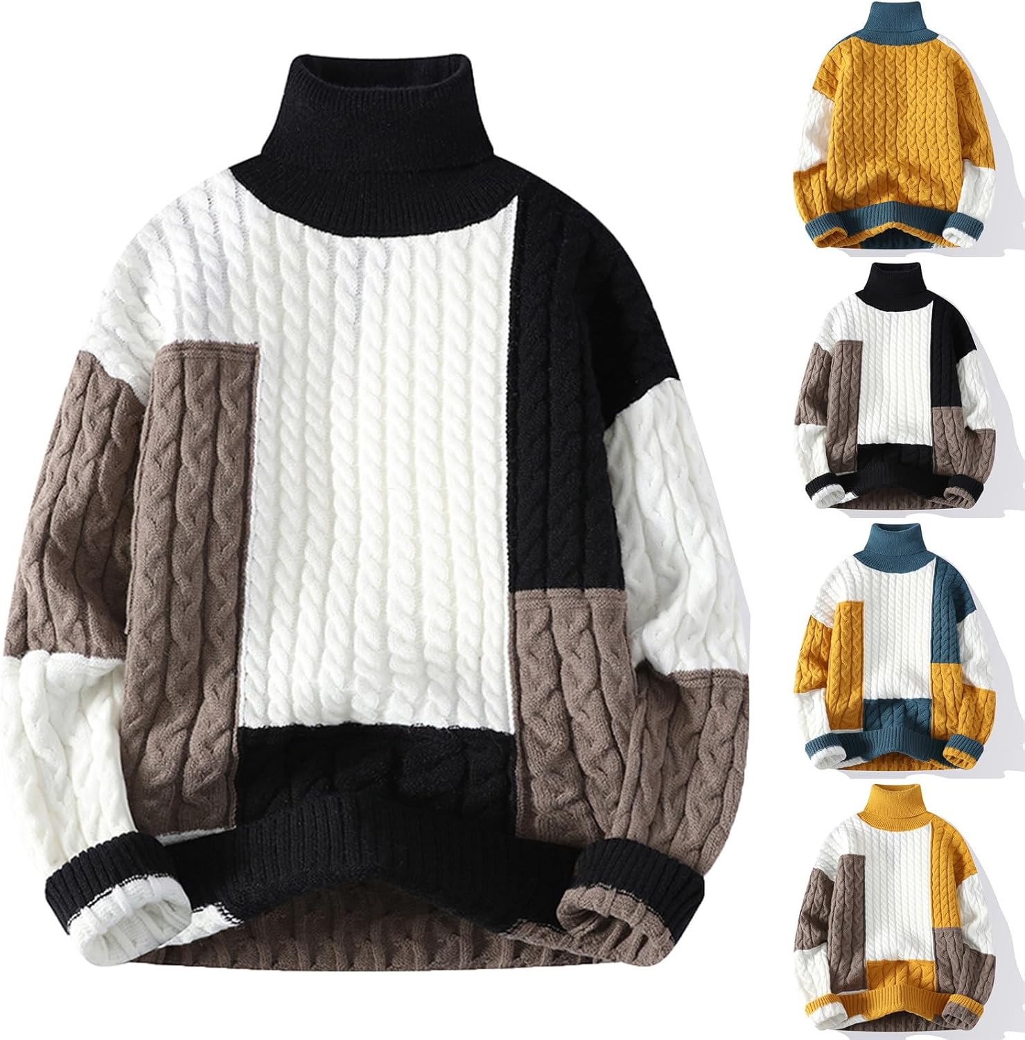 Cambkatl Men's Patchwork Cable Knit Pullover Sweaters Stylish Colorblock Turtleneck Long Sleeve Casual Jumper Tops