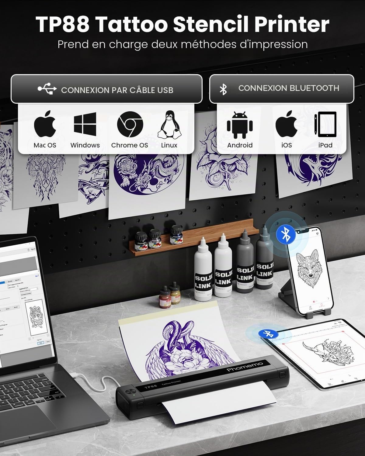 Phomemo TP88 Thermocopieur Tatouage Bluetooth,Imprimante Thermique Tatouage,Machine de Transfert Tatouage,Tattoo Stencil Printer avec 10 Feuilles Papier Transfert Tattoo pour Smartphone & PC