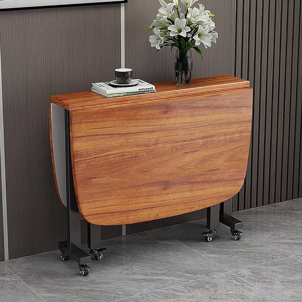 ZHANGGL Extendable Wood Dining Table with Universal Wheels Space Saving Drop Leaf Gateleg Table Folding Kitchen Table Brown Finish (120x70x75CM)