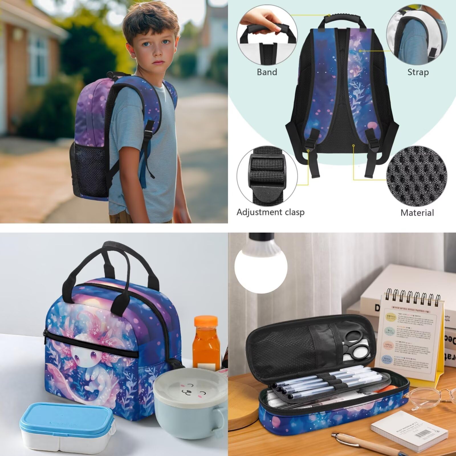 Juego de mochila escolar de 4 piezas con fiambrera, estuche y colgante para bolsa, para niños, adolescentes, escuela primaria y secundaria, Flores de ajolote rosa, moderno