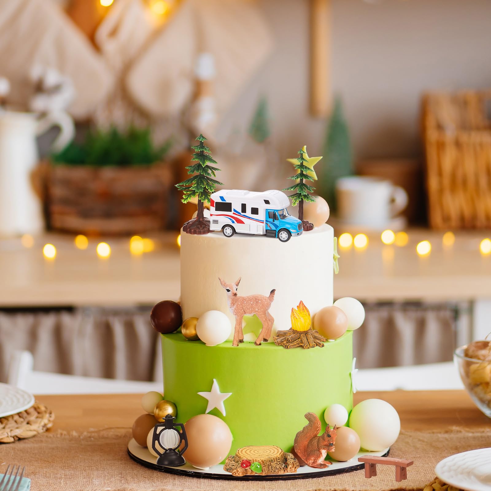 Yookeer 11 piezas de decoración para tartas de camping, hogueras, banco, tocón de hongos, juego de camping para niños, decoración de fiesta de cumpleaños, temática de bosque, suministros de fiesta de