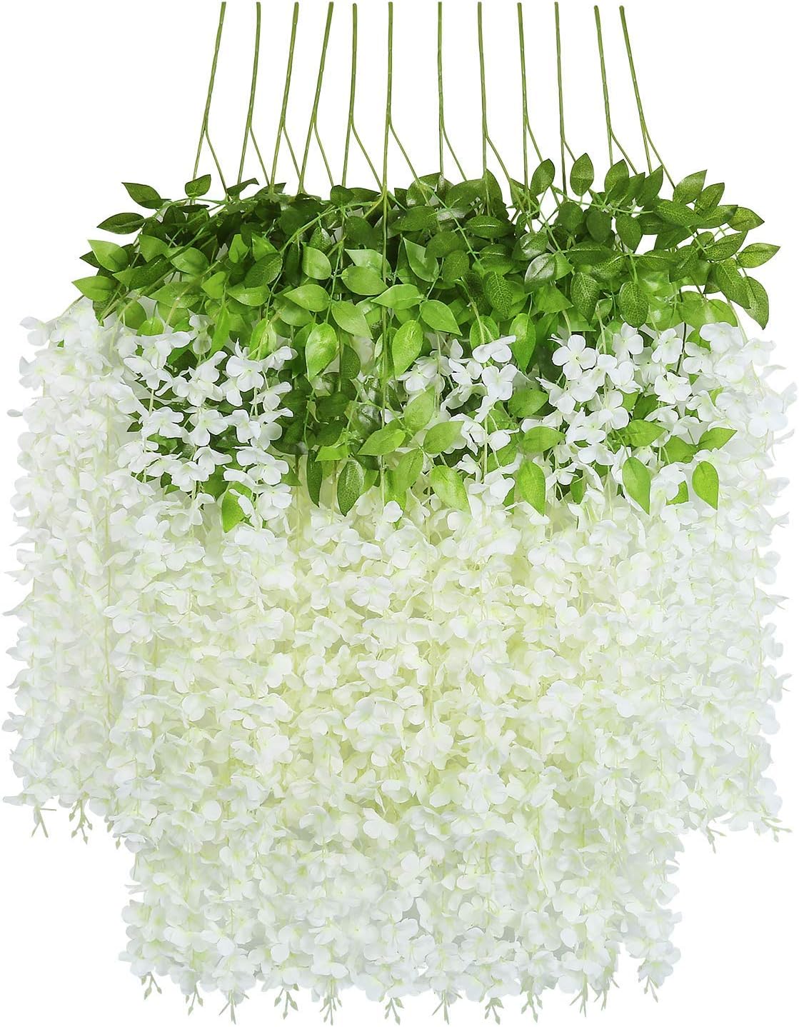 DDBO Artificial Silk Wisteria Flower Hanging Silk Vine Rattan - Fake Bush Flower for Home Party Wedding Garden Outdoor Greenery Decoration (3.6 Feet, 12 Pieces, White)