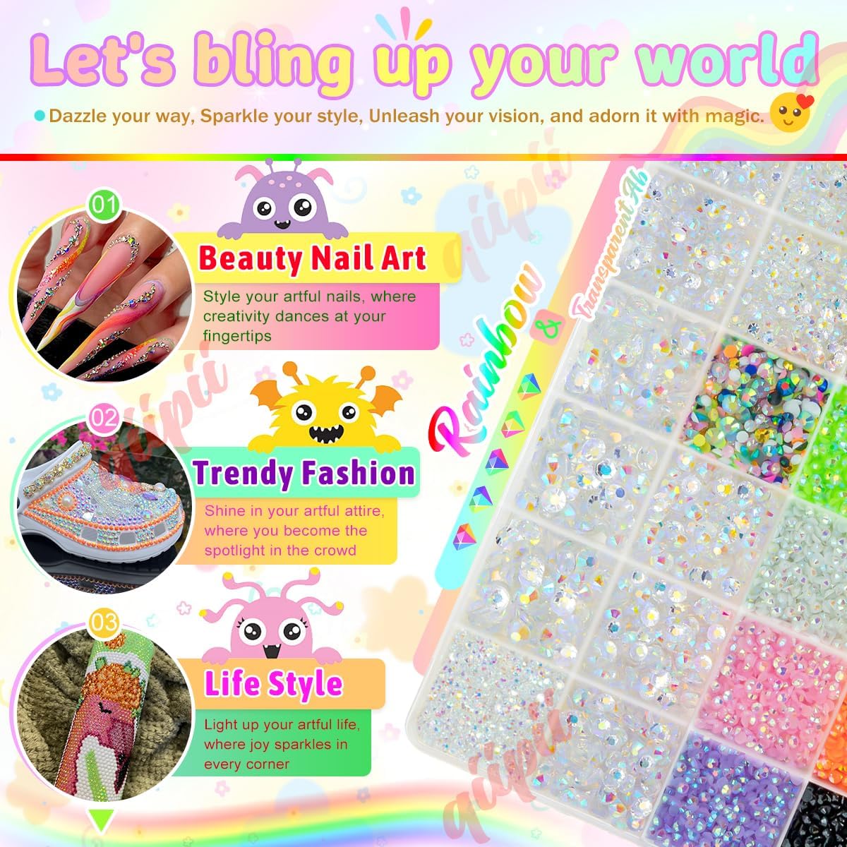 qiipii Transparent AB Resin Rhinestones w B7000 Glue for Crafting Bedazzling 2mm-6mm Flatback Colorful Jelly Stones Diamonds Gems Bedazzler Kit for Nails Face Eyes Makeup Tumblers Bottles Shoes Crafts