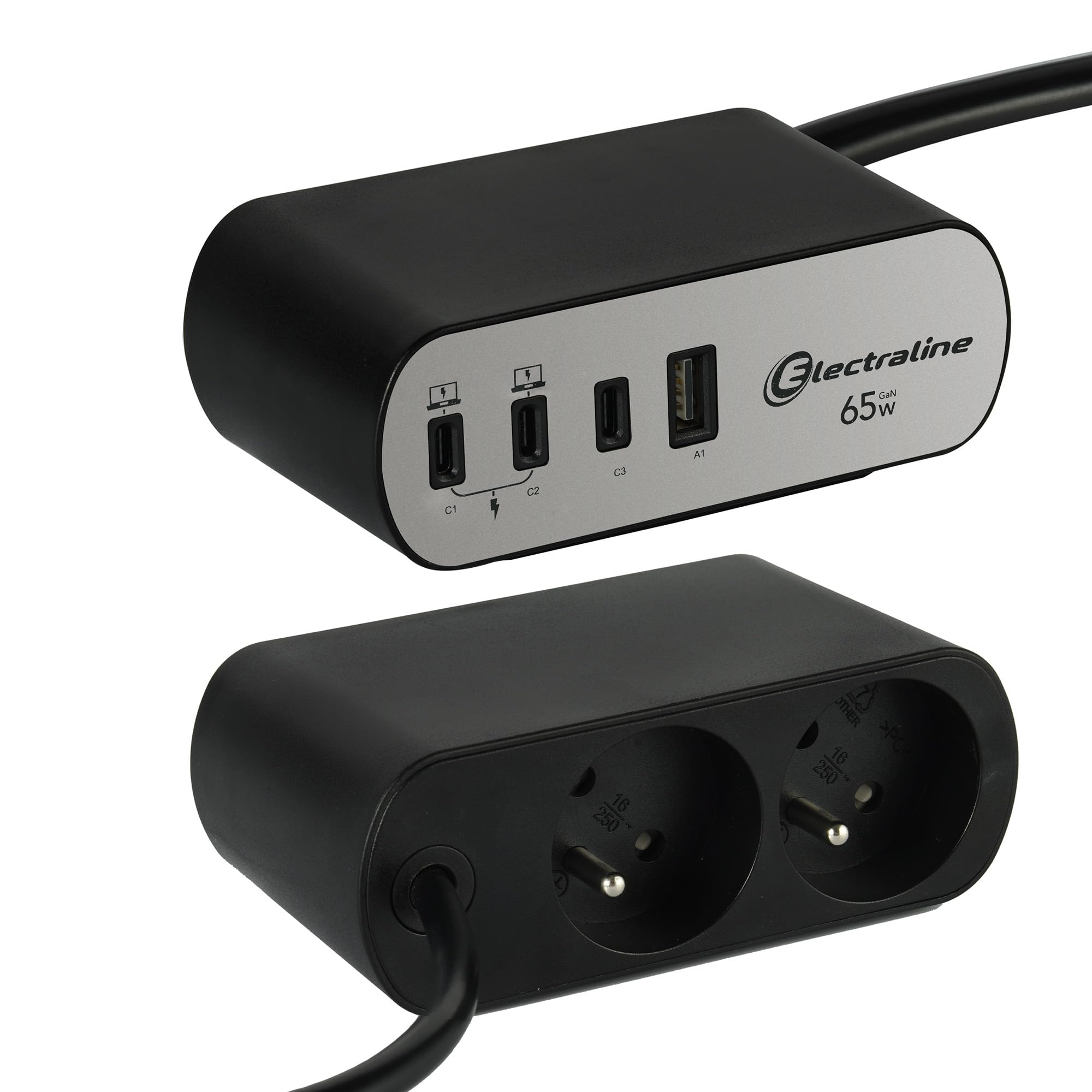 Electraline 35462 Bloc Multiprise pour Bureaux Electradock avec 2 Prises Françaises + 4 USB (3 USB C (Power Delivery) PD65W + 1 USB A QC) + 1 support de bureau inclus