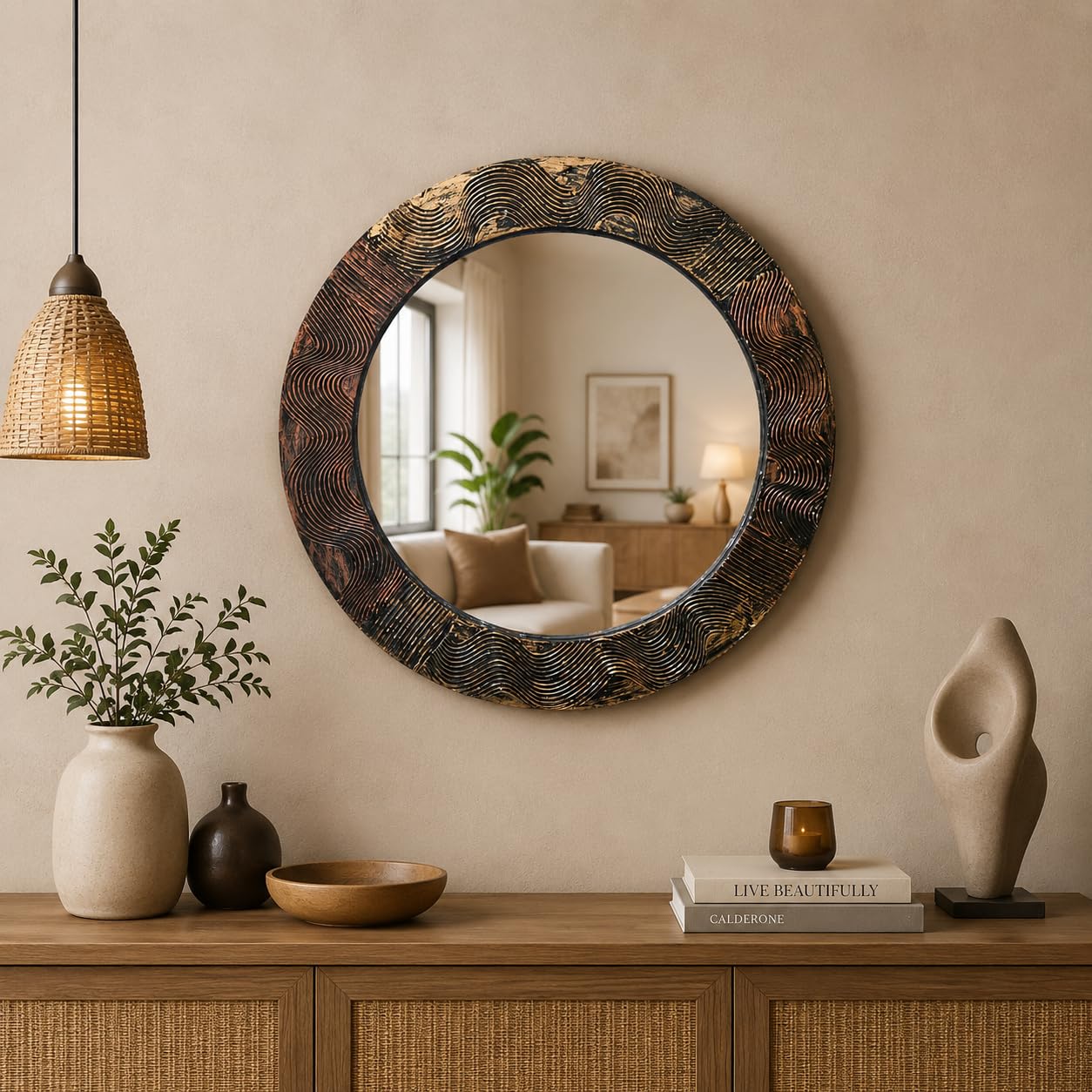 Handcrafted Round Wooden Wall Mirror with Textured Wave Pattern, Decorative Accent Mirror for Living Room, Bedroom, Entryway, Hallway, Bathroom, Rustic Modern Home Decor (24" Inches Round)-image-40