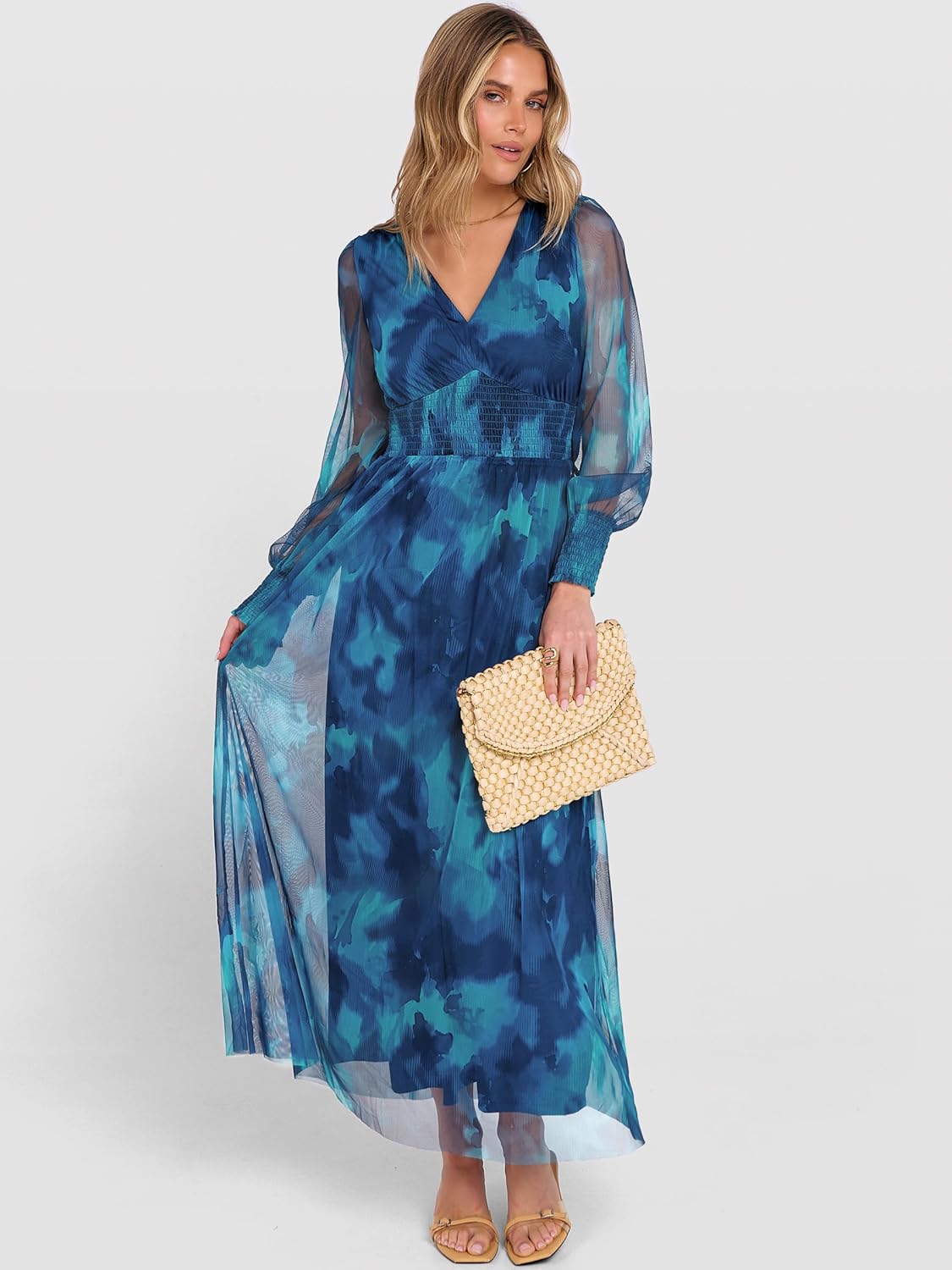 ANRABESS Women's Floral Maxi Dress 2025 Fall V Neck Puff Long Sleeve Flowy Casual Wedding Guest Tea Party Tulle Dresses - Image 4