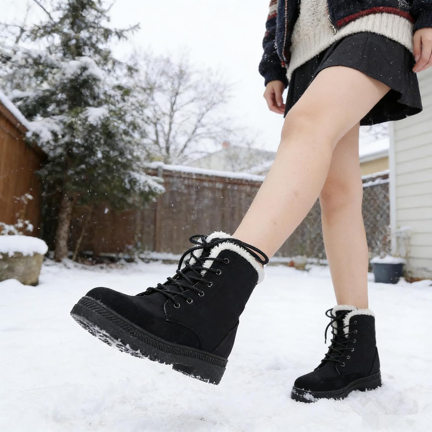DADAWEN Women's Suede Waterproof Lace Up Winter High Top Snow Boots