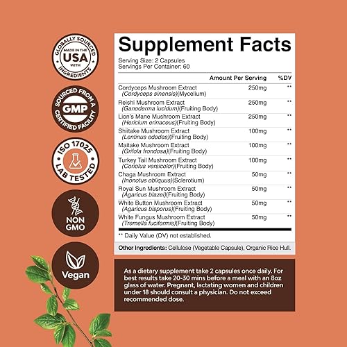 Miniatura 2 de Advanced Mushroom Complex Cápsulas  10 cápsulas de suplemento de melena de león con Reishi, Chaga, Maitake y Shiitake para la salud cerebral apoyo
