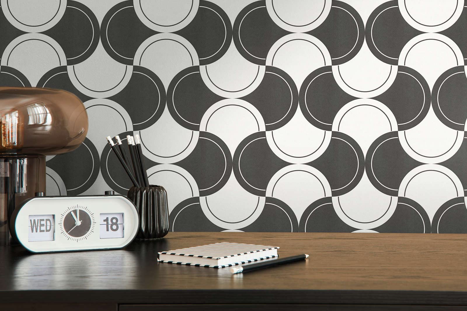 Tapeta w stylu retro w stylu lat 70., tapeta na fizelinie czarno-biała, geometryczny wzór koła | 10,05 x 0,53 m