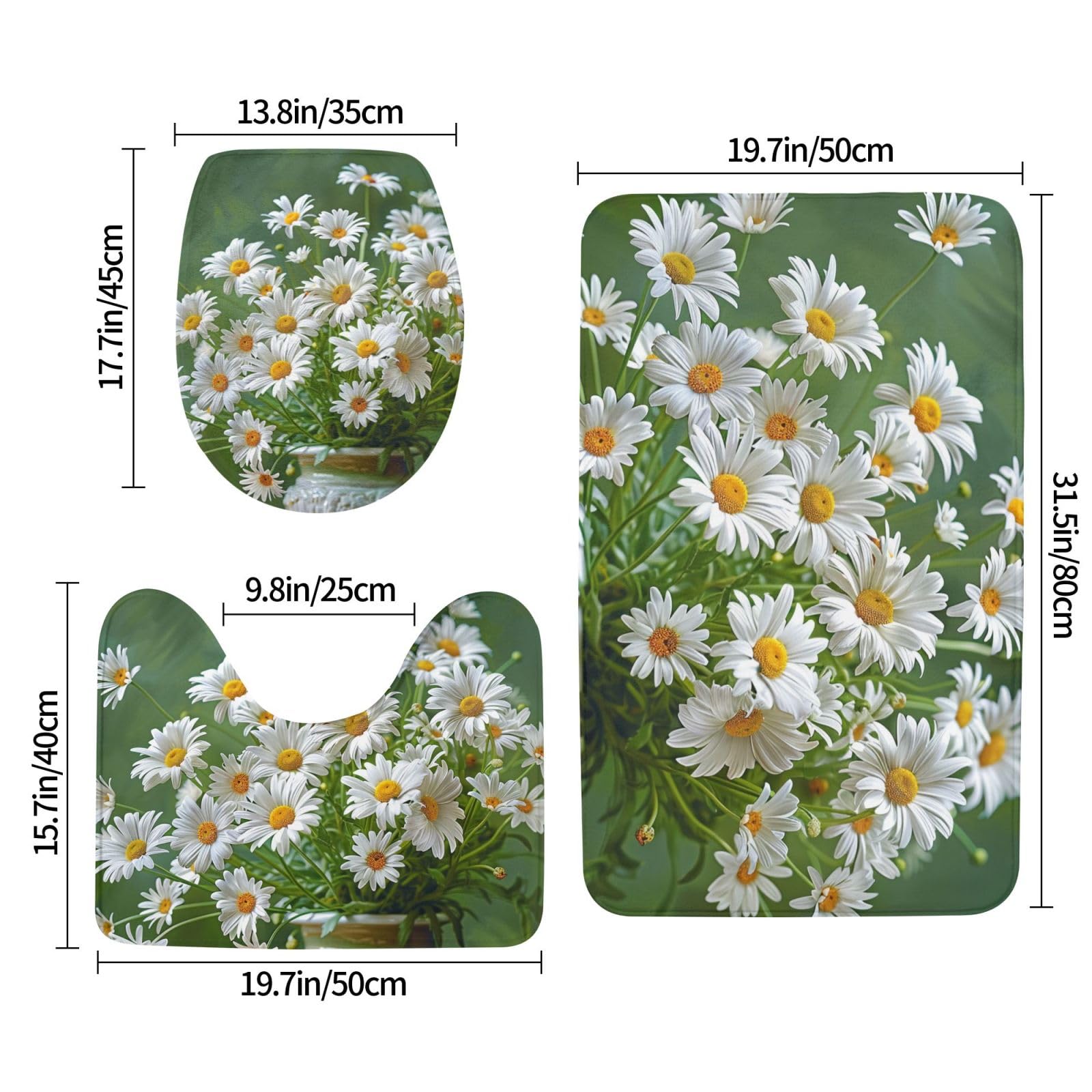 Lot de 3 tapis de bain antidérapants et absorbants en flanelle avec motif floral et marguerites