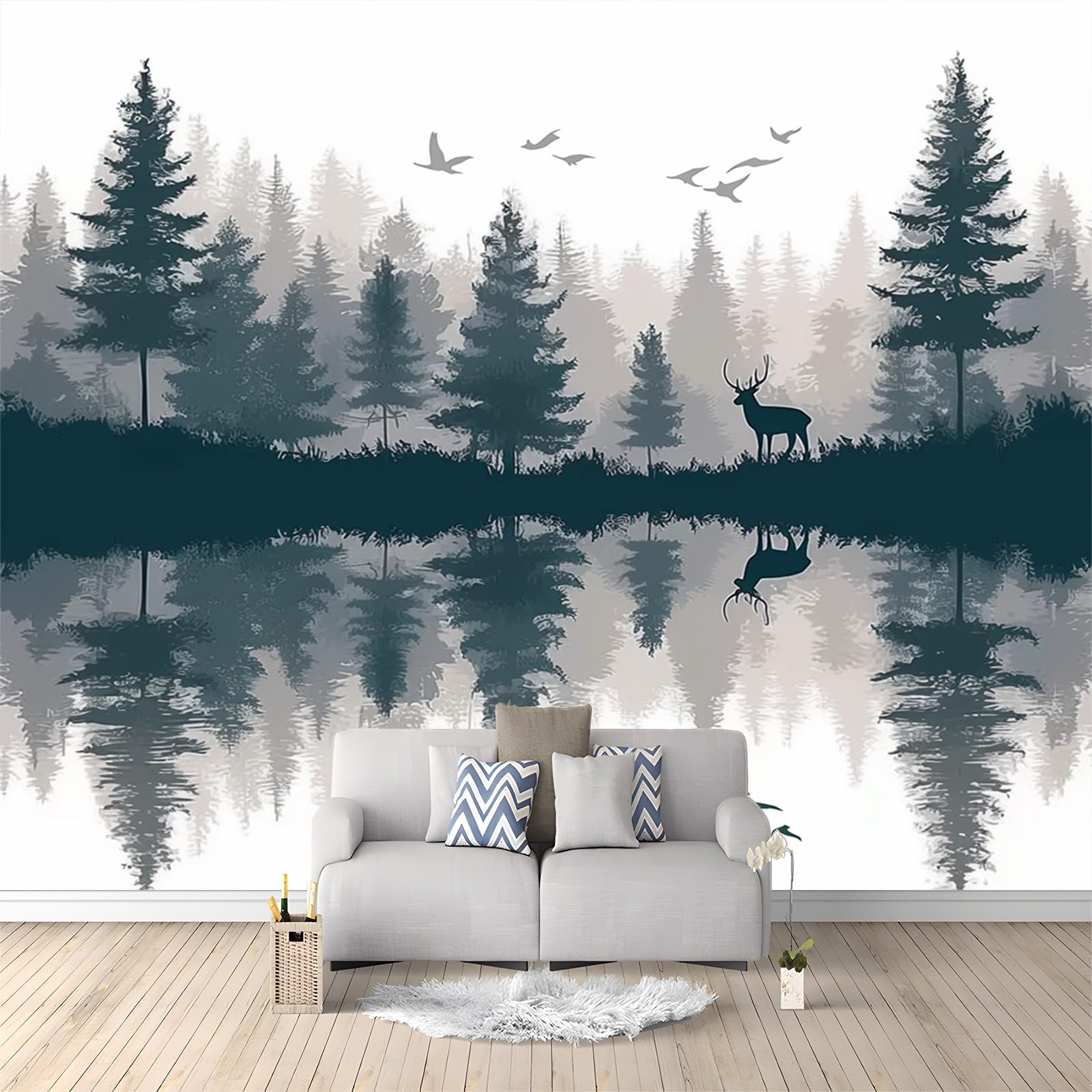 Wall Mural Silhouettes Forests Pine Trees Deer Lakes 400 x 280 cm Photo Wallpaper, 3D Print Non-Woven Mural Wallpaper, for Living Room Bedroom Kids Room TV Sofa Background Family Wall Decor