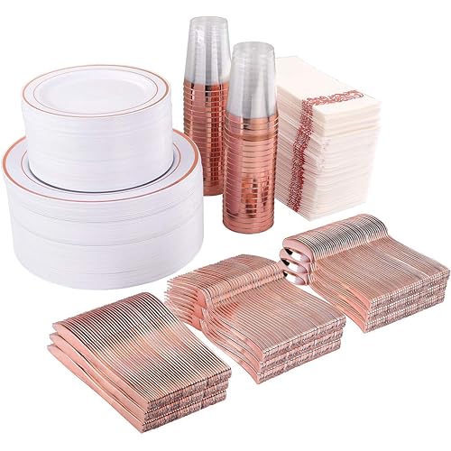 I00000 700PCS Rose Gold Dinnerware Set-200 Rose Gold Plastic Plates, 300 Rose Gold Disposable Silverware, 100 Disposable Cups 10 oz, 100 Linen Like Napkins Each for Party