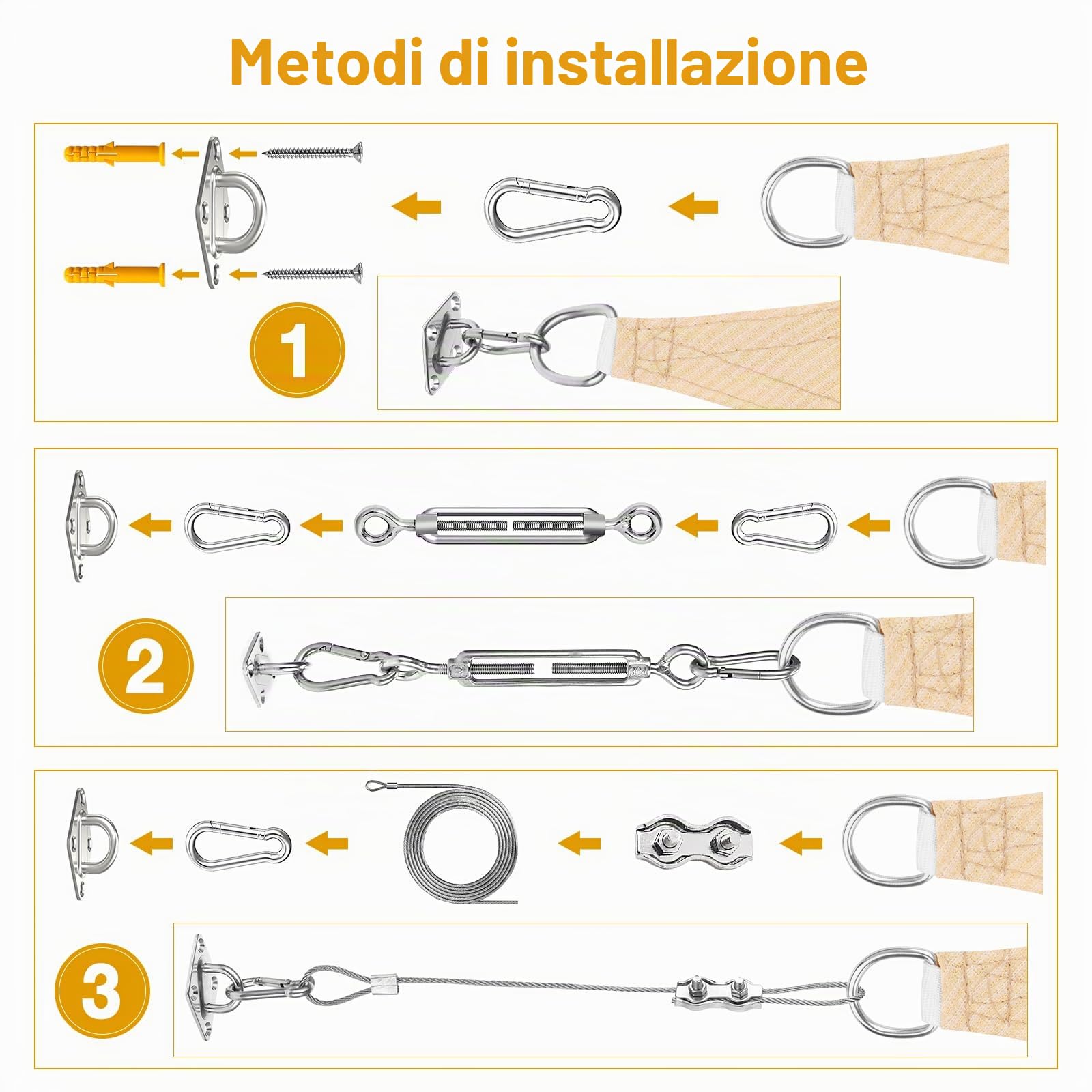 Duerer Kit fissaggio per tenda a vela ombreggiante 52 pezzi, 304 Acciaio Inox Installazione Accessori hardware per Vela Parasole da giardino Triangolare e Rettangolare, con M6 Tenditore + 2m filo