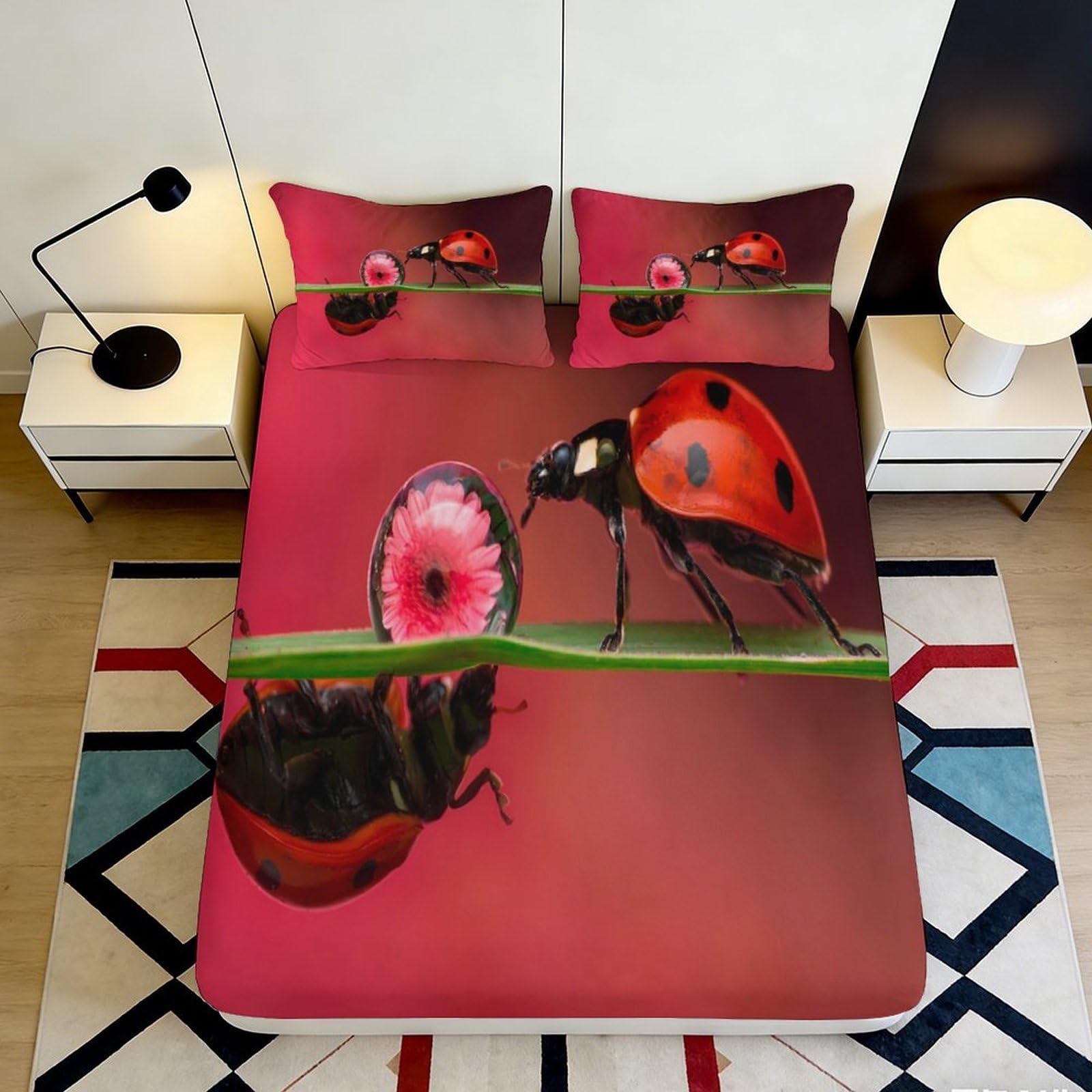 3D Printed Ladybug Floral Fitted Sheet Microfiber Deep Pocket Non-Slip Bedding Set, Ladybug Mattress Fitted Cover Washable for Adults Teens 160x200x25cm