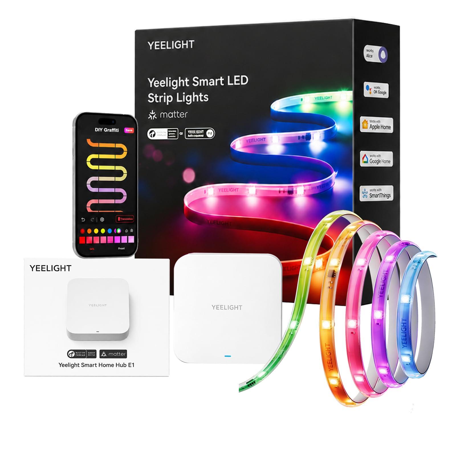 Yeelight Kit de Démarrage Matter over Thread: Ruban LED RGB+IC 5M & Hub Intelligent E1, Compatible avec Apple Home, Alexa, Google Home et SmartThings, Contrôle Segmenté et Synchro Musicale