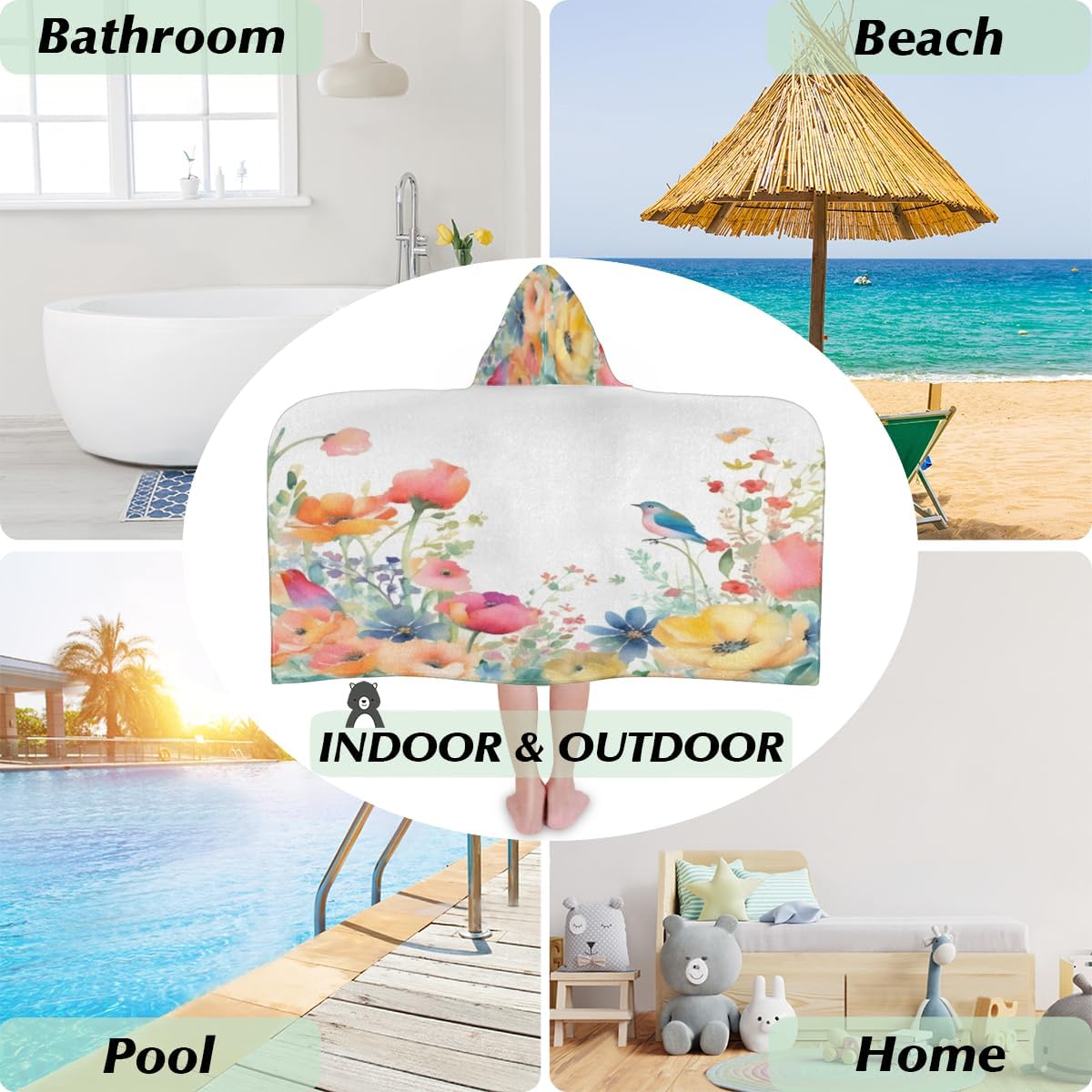 Pardick Kids Bath Towel Clour Flower Bird Beach Towel with Hood Pool Cover Up for Girls Boys Soft Absorbent Hooded Bath Towel Toddler Towels for Beach, Pool