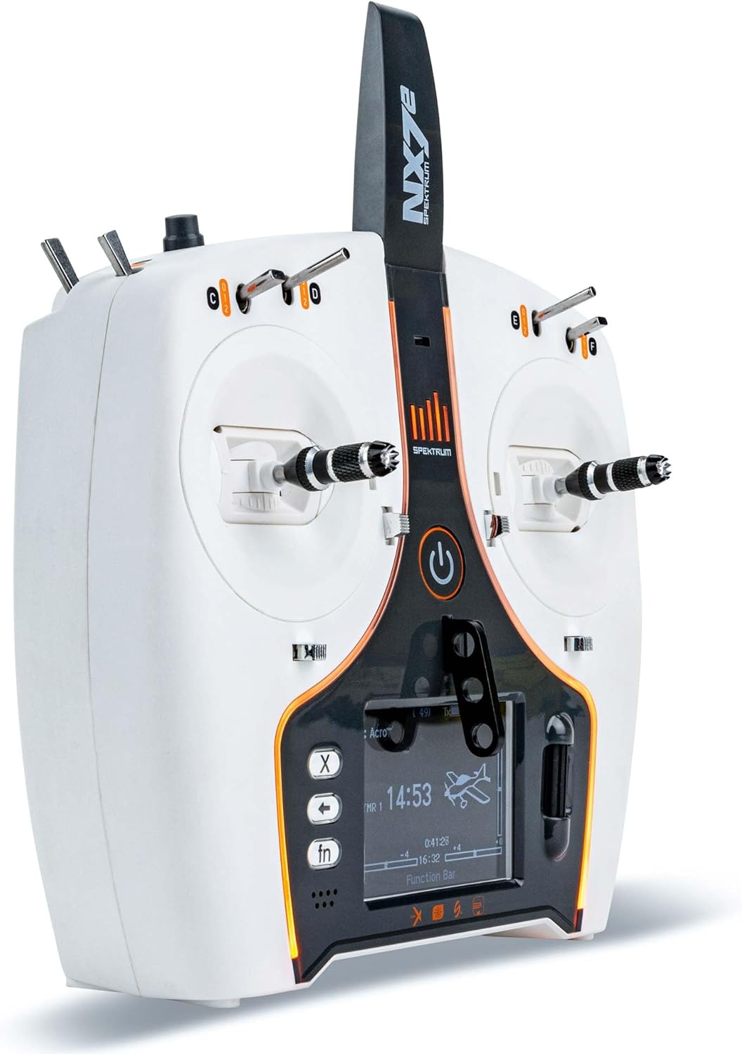 Angled view of Spektrum NX7e transmitter showing power button and display