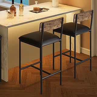 IDEALHOUSE Bar Stools Set of 2, Kitchen Bar Stools with Footrest, 25.5 Inches Upholstered Bar Chairs with Back, 2 Counter Height Barstools for Counter Bar, Island, Easy Assembly, Rustic Brown