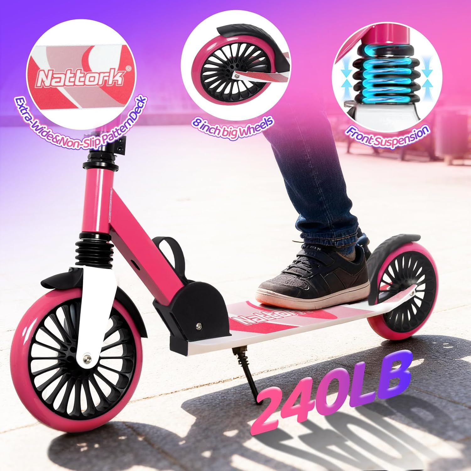 Nattork Kick Scooter for Age 6+ Kids Teens Adults, Max Load 240 LBS, Adjustable Height Foldable with 8" Large Wheels, Anti-Shock Suspension - Image 2