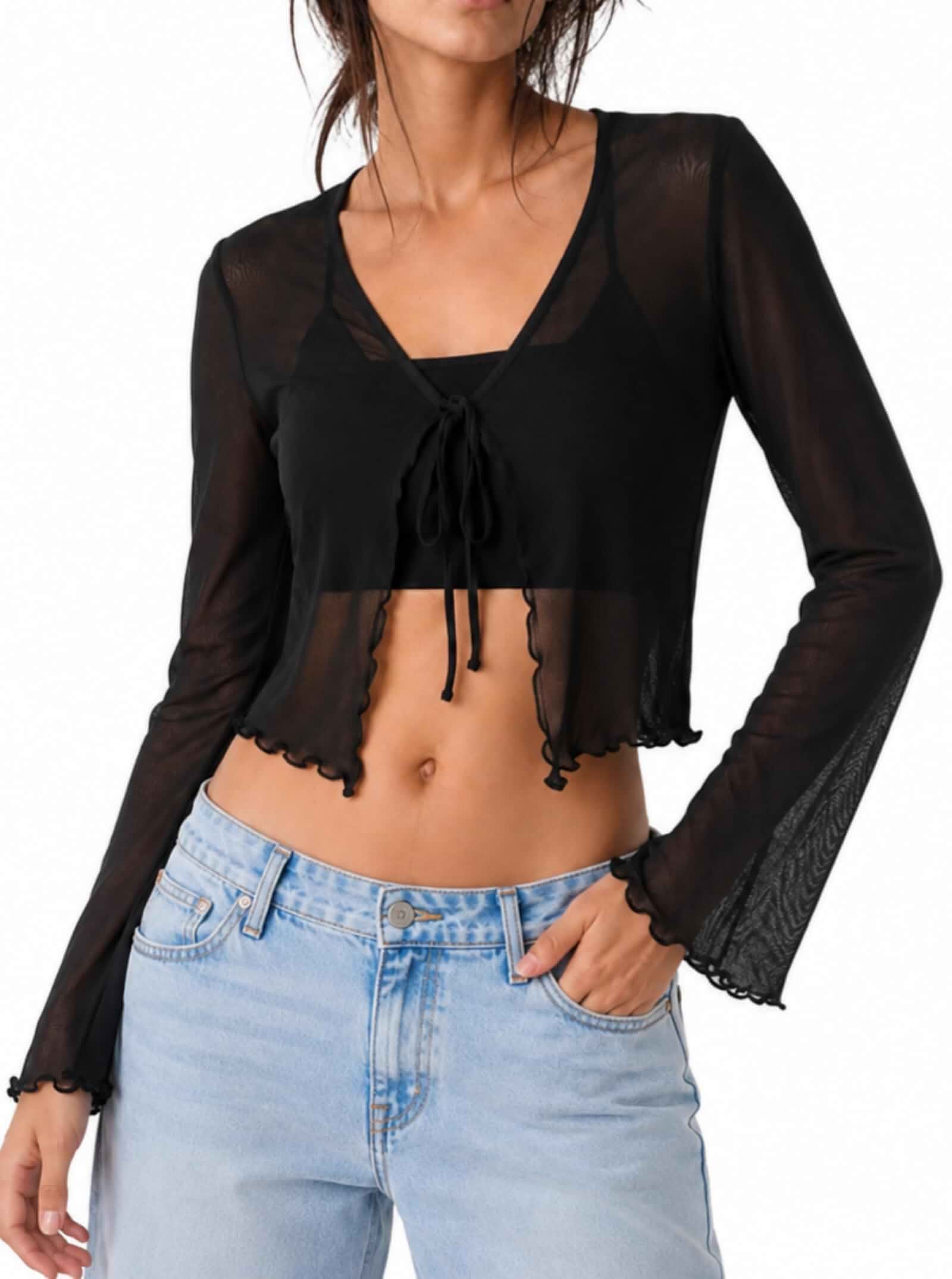 Remidoo Womens Sheer Mesh Shrug Tie Open Front Bell Sleeve Cropped Cardigan Lettuce Trim, Lightweight Feel, Long Sleeve, Soft Fabric, Mesh Bolero, Adjustable Tie Front, Bell Sleeve Cuffs, Easy Layering