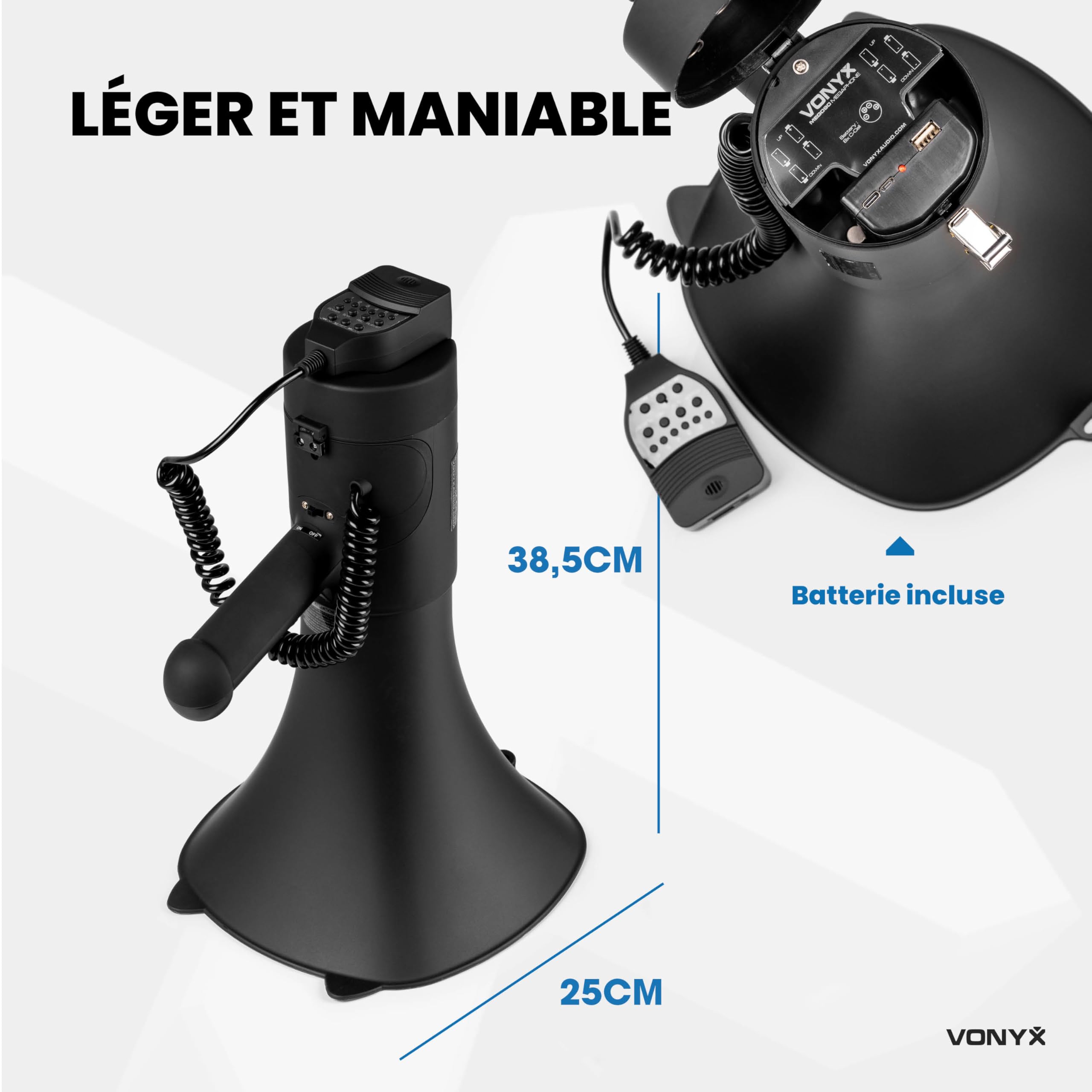 VONYX MEG090 Pack Mégaphone 90W - avec 2X Batteries Rechargeables MRB12 et Sac de Transport, Portée 1,4 km, Micro Main, Bluetooth & Lecteur MP3, Idéal pour Manifestations et Matchs Sportifs